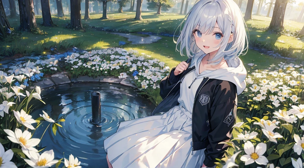 Ultra-high image quality,Look at viewers, hands behind back, girl with, 20 years old, Very short hair, long bangs between eyes, pale blue eyes, Hoodie, Skirt , Extremely detailed,(​masterpiece、top-quality),White hair、A smile、Fantastical, Silver hair, Black eyes,  Hoodie, White hoodie,a black skirt,Hair is short,White jacket, Casual style,Open jacket,  Cowboy Shot、Fluttering hair、a small face、Bright smile、(Detailed face) ,profetional lighting,fantastic landscape,Blue sky, Sunlight,look down from above,portraitures、open open mouth、fountain in the forest、flower  field