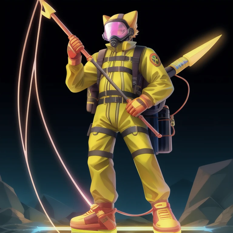 Hazmat, tinted visor, holding  harpoon, cable linked from rod to backpack, battery backpack, Hazmat, chemical suit, electric harpoon, copper wrapped around gloves, electric fists