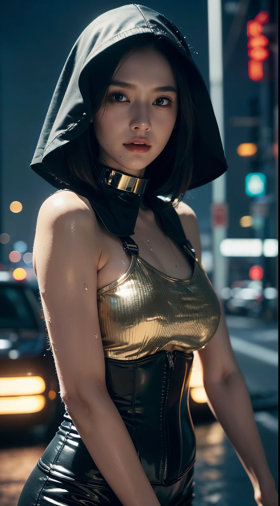 (Clothes for the upper body)、(pervert smirk)、sexy nun slave、(Cyberpunk Latex Nun Veil), (rubber)、(shiny corset)、(yoke)、((collars))、((quality))、((tmasterpiece:1.3))、Focus Clear:1.2、(Layered pruning)、(ordinary:1.2)、( Beutiful women,perfect body figure,up looking:1.4、纤细Abs:1.2、a wet body:1.5、Highly Detailed Face and Skin Textur、詳細な目、二重まぶた、Long hairs、Cyberpunk Tokyo cityscape at neon natta, {Best quality at best},{{tmasterpiece}},{A high resolution},Original,Extremely detailed 8K wallpaper,{Extremely Delicately Beautiful},scifi style,Platinum white short hair, theatrical_cellshading,Rays_vestige,Skin glows,,Muscle tissue女,Abs,Wide hips,Sci-fi street background,it is raining,Thigh thick,Gothic, the face,Gold trim,Beutiful women,,((tmasterpiece)), ((Best quality at best)), ((offcial art)), (extremely detaild的 CG unified 8k wallpapers), ((The content is very detailed)), ((lamplight)),{{actual}},,Muscle tissue,Dark,natta,Broken,,eBlue eyes, ,largeeyes