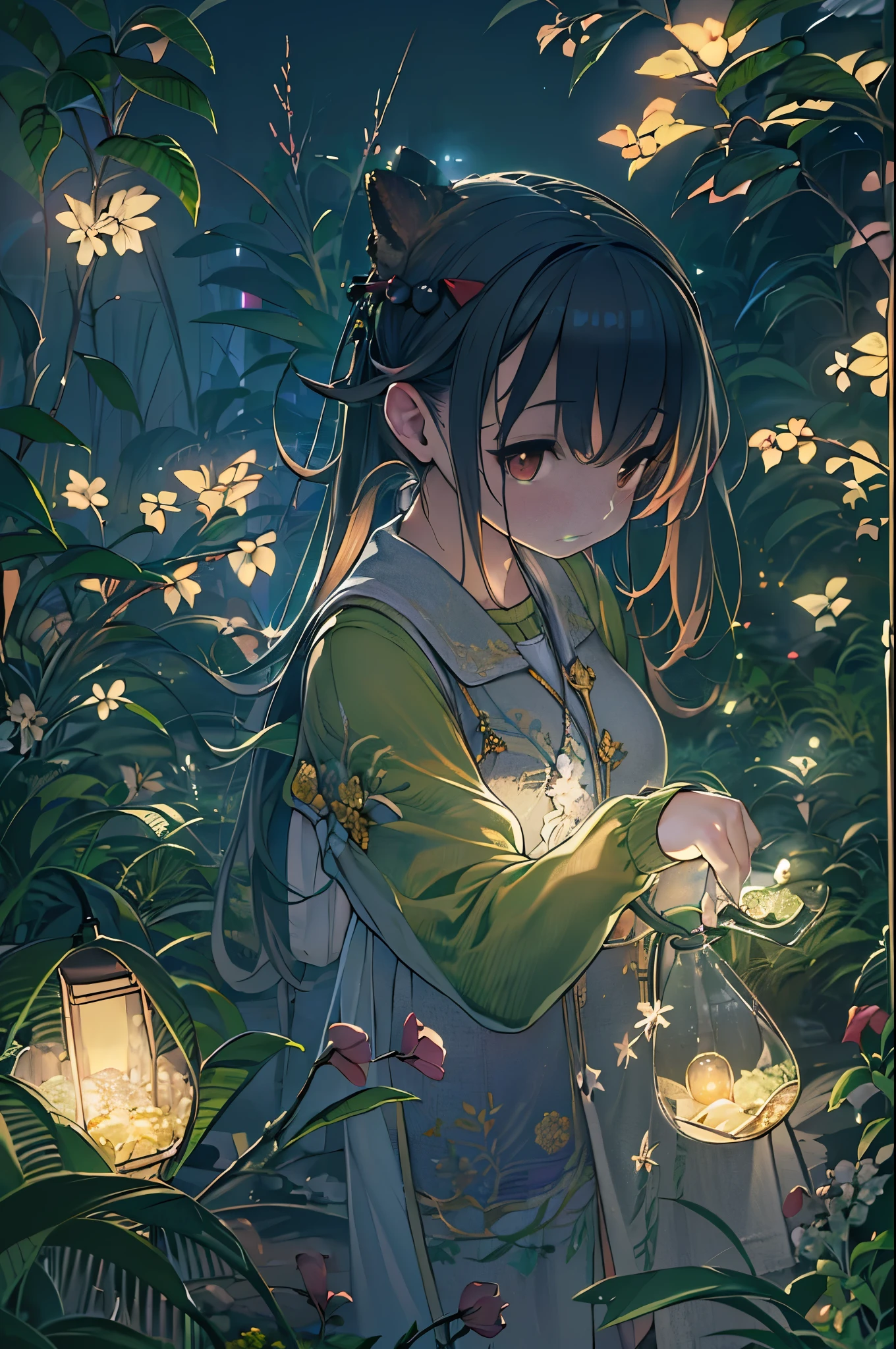 (8K, of the highest quality, masutepiece: 1.2), (Realistic, photoRealistic: 1.37), Super Detail, One girl, Wide-angle angle of view, Firefly Garden, There are many small faint lights and fireflies flying around, Night