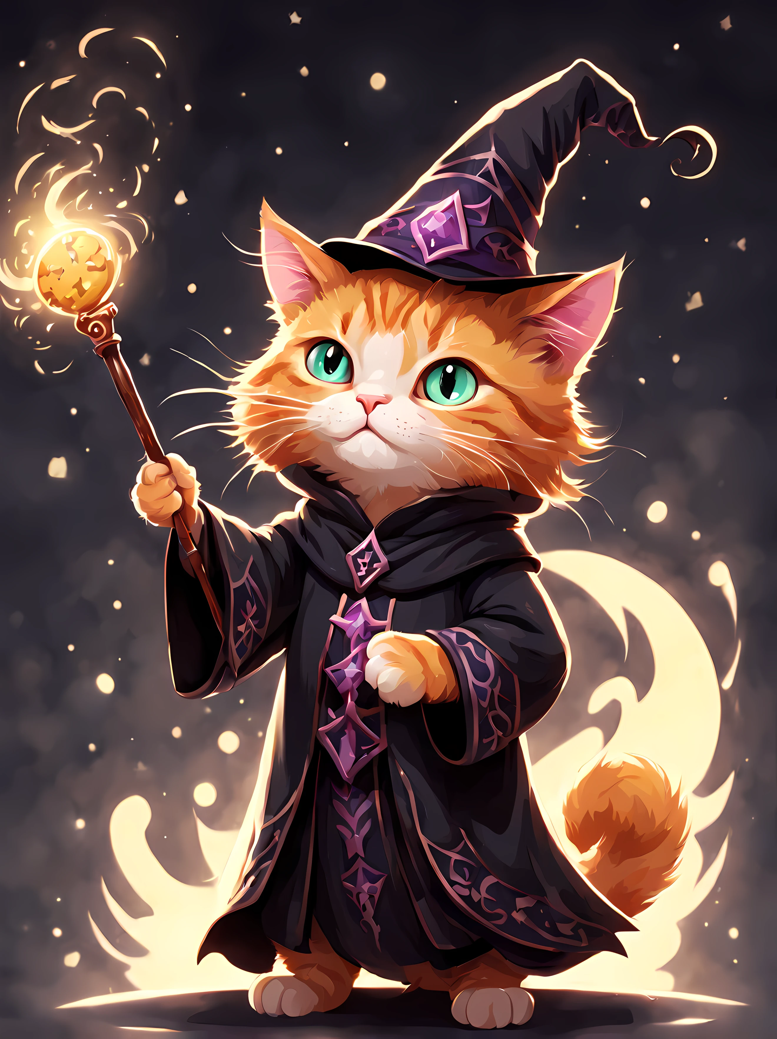 Cute Cartoon, CuteCartoonAF, (cute cartoon style:1.3), (solo:1.3), (adorable ginger cat wizard) (legendary clothing) (holding a magic wand) ((conjuring up delectable cookies our of thin air)), (absurdes:1.3), ((rich gothic design and patterns)), romantic