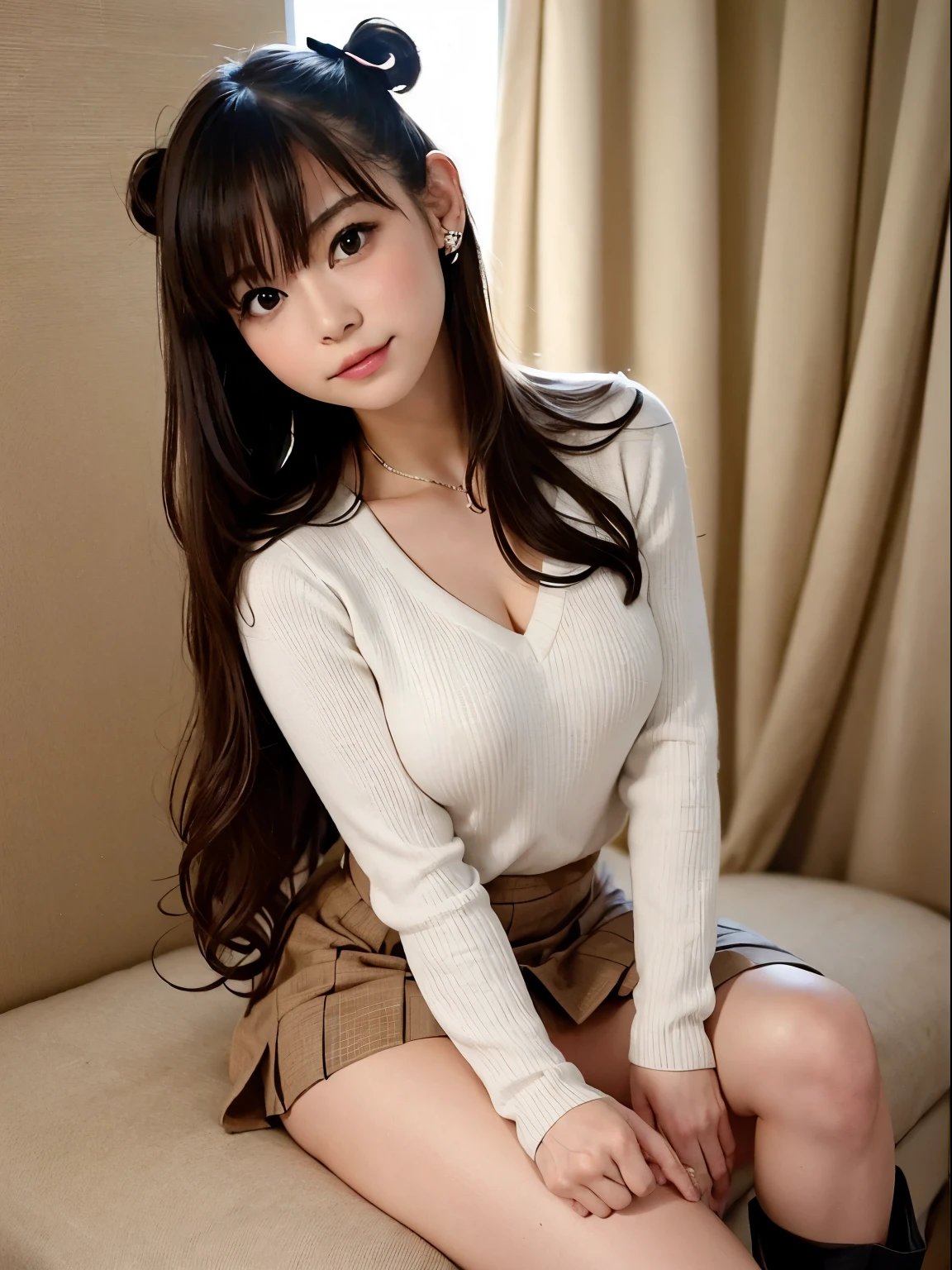In 8K、highest quality、masterpiece、Ultra-detailed、Ultra-high resolution, Cafes, (beautiful girl sitting on the sofa), 18-year-old, Cafe, (Sit on the sofa:1.2), smile, (Put your finger to your mouth), (Leg spread, Skirt flip:1.5), (Panty shot, Focus Panties, Showing panties), (Detailed floral panties), Coffee on the table, Middle Hair, ponytail, Side Lock, sweater, Bare shoulders, necklace, Frilled Skirt, (Spoken Heart:1.3), Dutch Angle Shot, From below, Sparkling Eyes, (people, crowd)