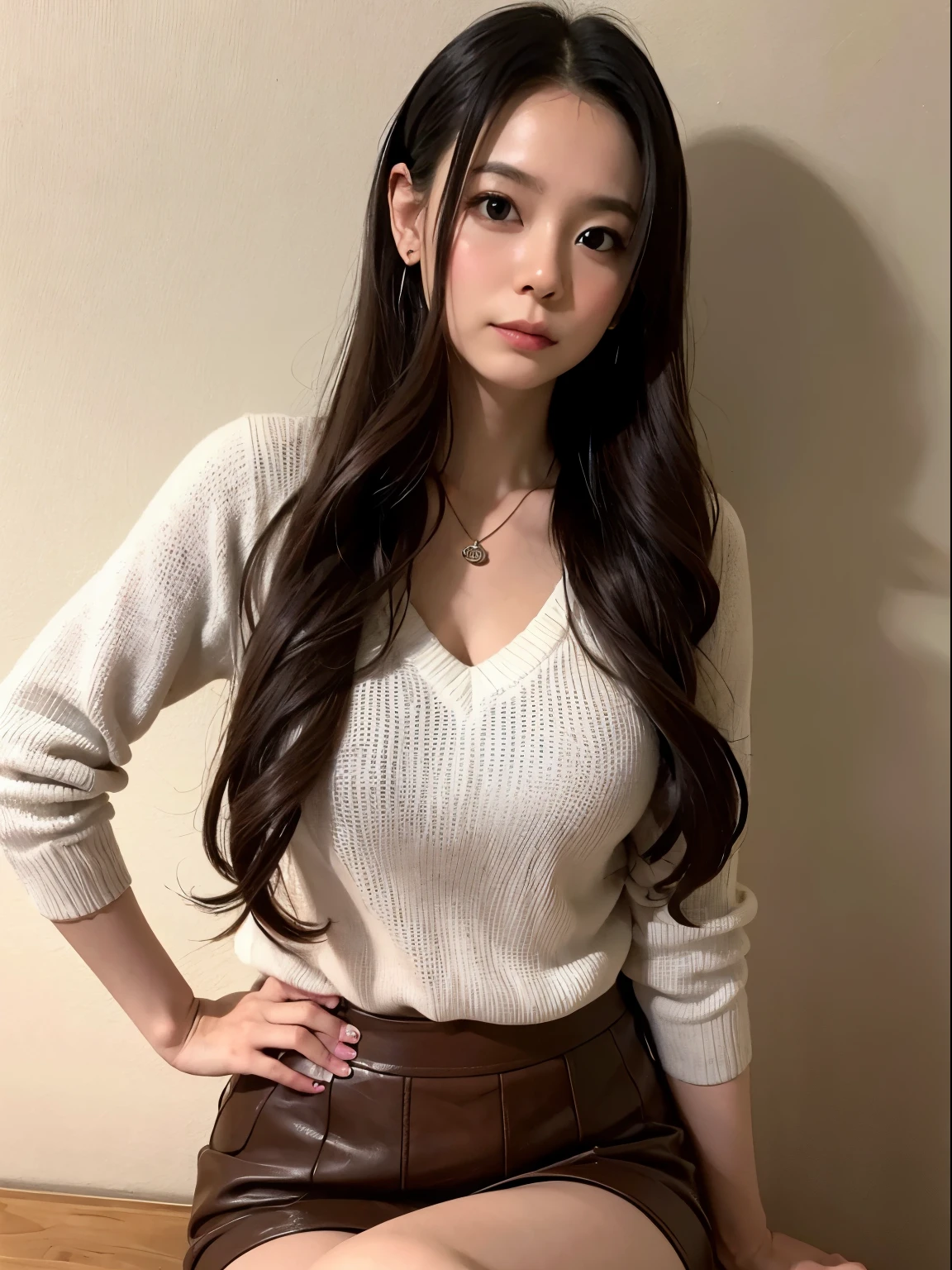 ((An ultra-high picture quality:1.2,ultra-quality:1.2,Photoreality:1.2,超A high resolution,Ultra-fine,独奏,No medical defects,Not medically excessive)),(Perfectly balanced body),Looking at the camera,Smile,blush,(Double bun),(light brown hair),(Very long hair),(V-neck sweater),Miniskater skirt,check,Hairpin,Hair Ribbon,kneehigh boots,Cowboy Shot,hand on the breasts