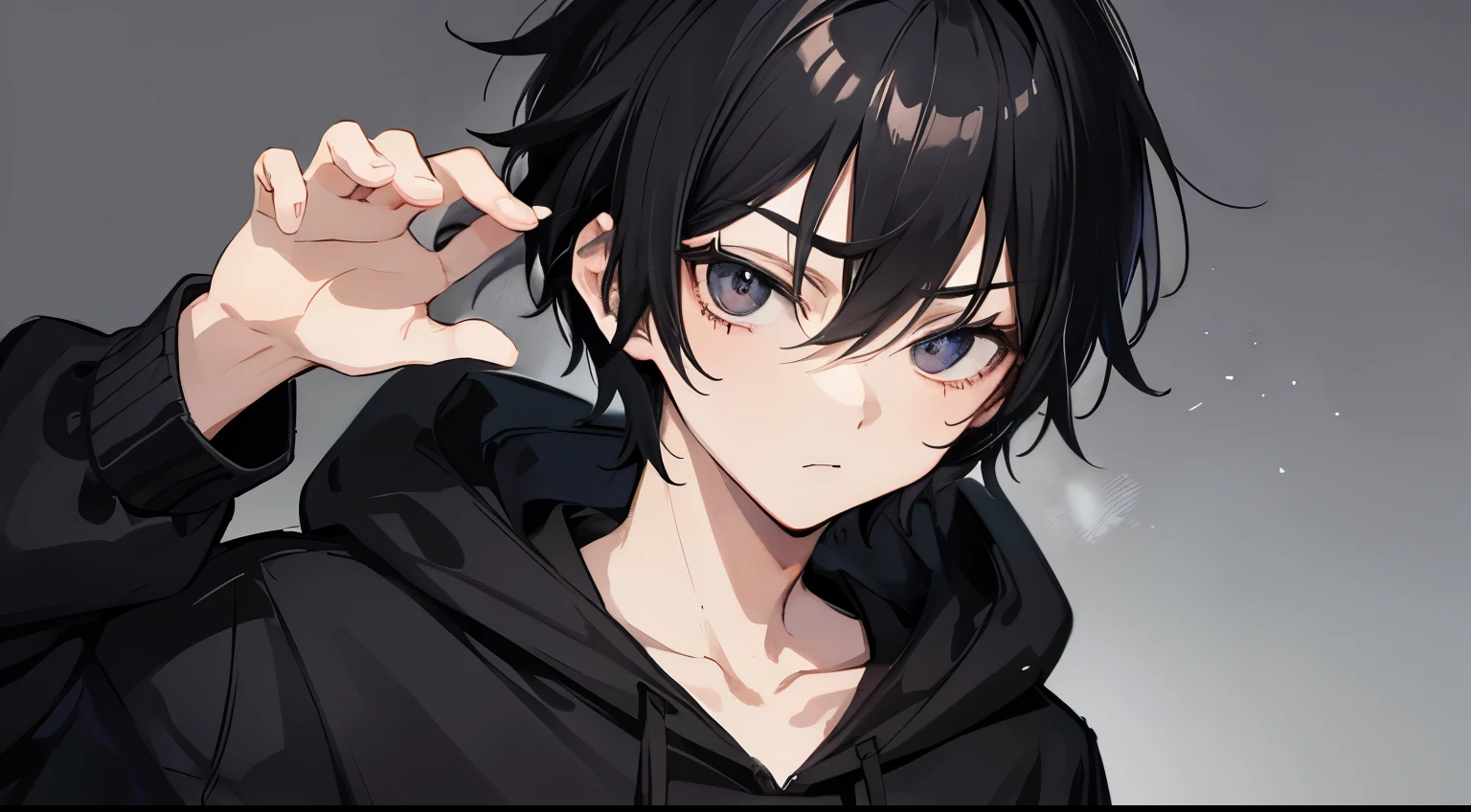 Anime boy, black hair, hoodie, emo, manly, gloomy, black eyes, short hair