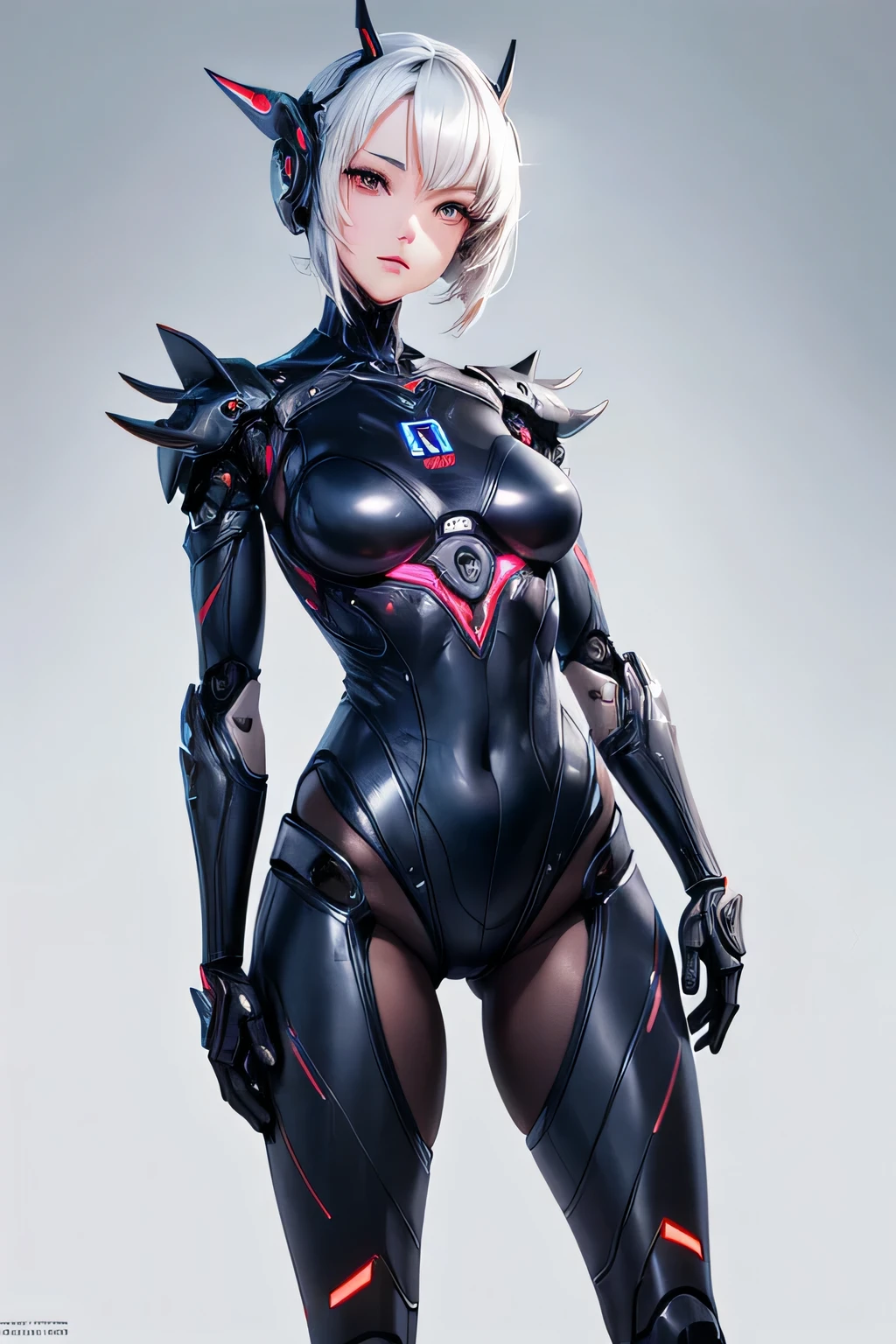 ((((masterpiece, best quality, high resolution)))), Extremely detailed 8K, Beautiful girl with voluptuous body, (Ultra HD, Ultra-detailed, Highly detailed, Highly realistic, Ultra-realistic, photograph realistic), (1girl:1.5), (Realistic white hair), (short silky hair, hair ornaments, earrings), (dynamic poses), facing at camera, looking at viewer, (blushing red, embarrassed, exhausted, smirk), (bright red eyes, sharp eyes), (small perky breasts:1.2), (wide hips:1.2), (beautiful detailed face, beautiful detailed eyes), ((black highleg leotard, Origleotard, thighhighs, breast, OrigArm, armor, mechanical armor)), (detail pussy), (standing up:1.3), sweat, glow, (nightlight), ((cowboy shot)), bedroom, seductive