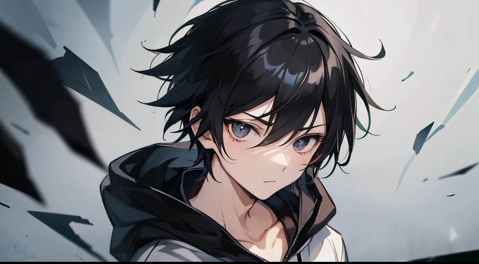 Anime boy, black hair, hoodie, emo, manly, gloomy, black eyes, short hair