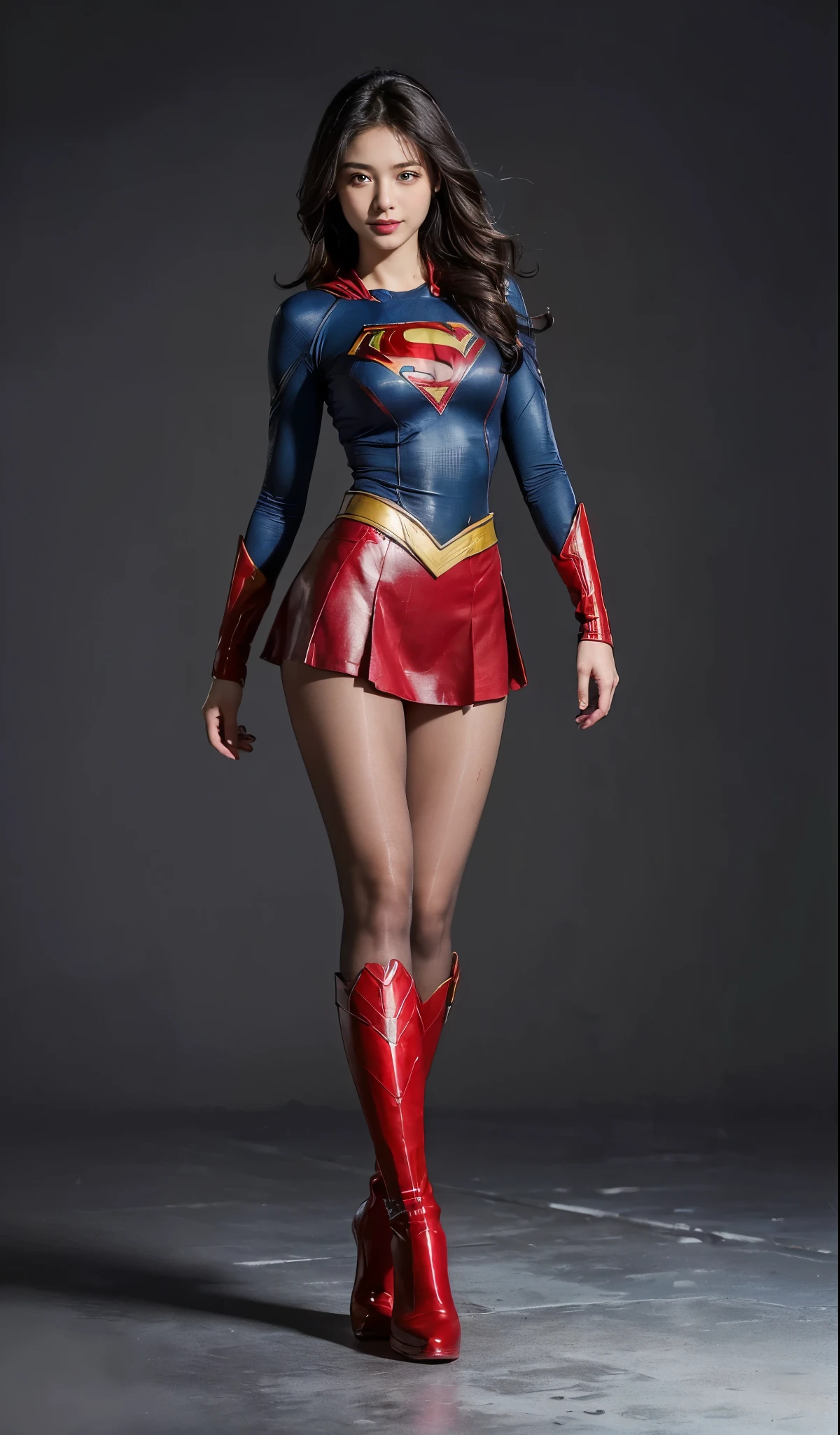 No background、Are sleeping、lying back on、(((Wear black tights on your beautiful legs.)))、(((Grow legs、tall、Legally express the beauty of your smile)))、((((Make the most of the original image)))、(((Supergirl Costume)))、(((beautiful hairl)))、(((Suffering)))、(((Feet must necessarily be worn with black tights)))、(((You need to wear red boots)))、((Top image quality、8K))、((top-quality、8K、masterpiece:1.3))、(((Keep Background )))、Crisp focus:1.2、Beautiful woman with perfect body shape:1.4、Slender Abs:1.2、a wet body:1.5、Highly detailed facial and skin texture、8K