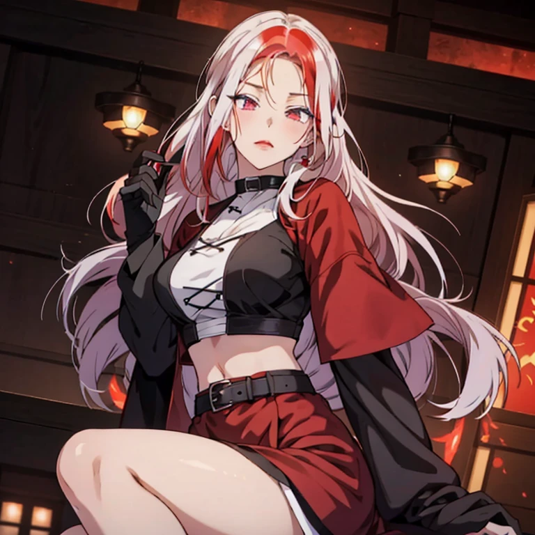 An anime girl with long white hair and black and red highlights in her hair,red eyes,rosy cheeks,red lips. She is serious with a frown,she has pale skin. Her dress is a fancy formal crop top with jewelry on it,and black flame raising from it.and a purple short with a black belt. She is wearing a black boot,and black leather short gloves. There is an electricity hallow around her,as if she is controlling it.