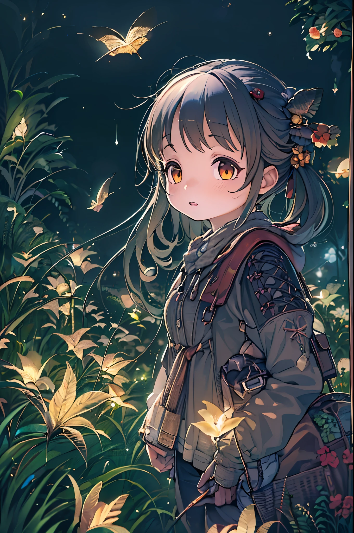 (8K, of the highest quality, masutepiece: 1.2), (Realistic, photoRealistic: 1.37), Super Detail, One girl, Wide-angle angle of view, Firefly Garden, There are many small faint lights and fireflies flying around, Night,Chibi