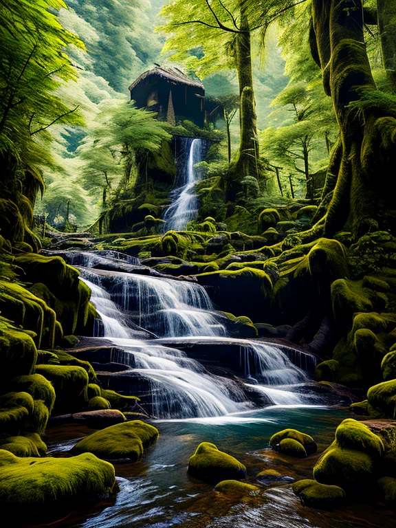 yotta-pixel image, yocto-pixel detailing, intricated detailing, (forest waterfalls mountains flowers plants trees small river trees birds squirrels butterflies)