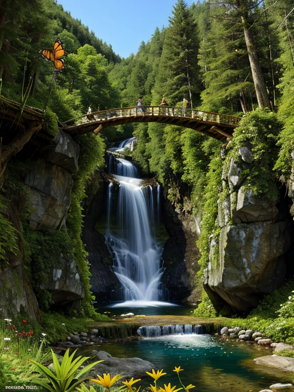 yotta-pixel image, yocto-pixel detailing, intricated detailing, (forest waterfalls mountains flowers plants trees small river trees birds squirrels butterflies)