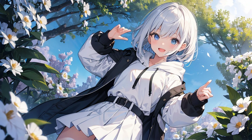 Ultra-high image quality,Look at viewers, hands behind back, girl with, 20 years old, Very short hair, long bangs between eyes, blue eyess,Black eyes, Hoodie, Skirt , Extremely detailed,(masterpiece、top-quality),White hair、A smile、Fantastical, Silver hair,, Hoodie, White hoodie,a black skirt,Hair is short,White jacket, Casual style,Open jacket, Cowboy Shot、Fluttering hair、a small face、Bright smile、(Detailed face) ,profetional lighting,fantastic landscape,Blue sky, Sunlight,look down from above,portraitures、open open mouth、facing front、5 fingers、fountain in the forest、flower field