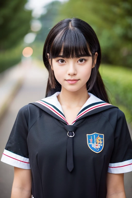 Realistic high school girl wearing a black sailor suit,Hairstyle shortcuts,soio,schools