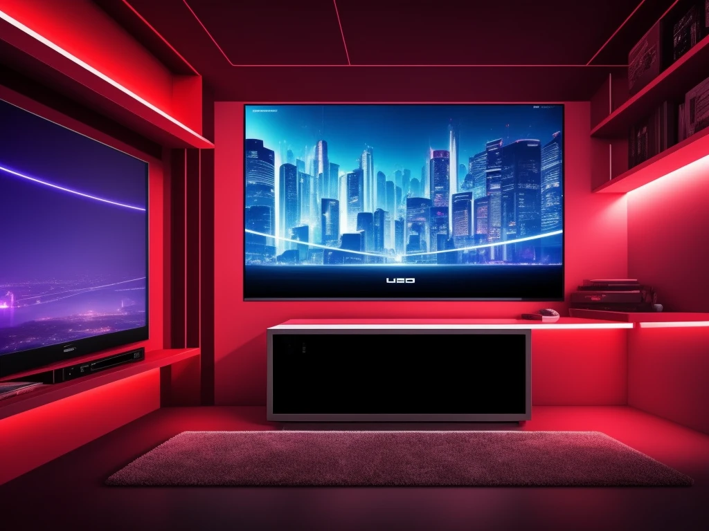 near future,Background with,cyberpunk,Darkness with red and white lighting,frontage,Best Quality,High-volume tv monitors,Detailed