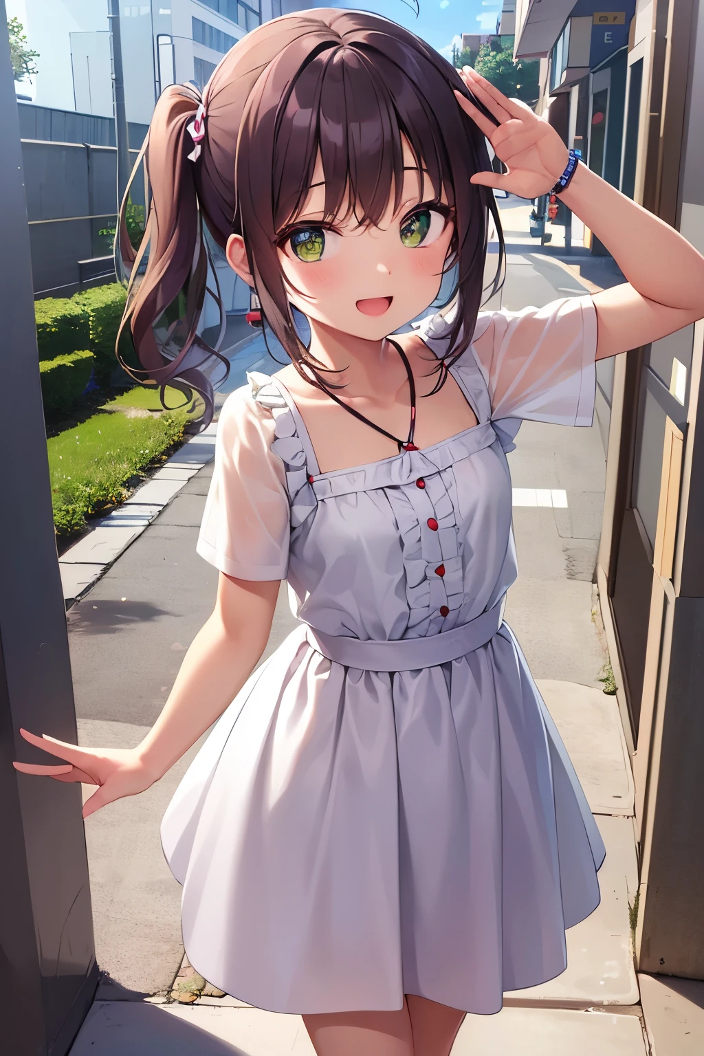 waving at viewer, side ponytail, ​masterpiece、top-quality、 A *************** with orange bangs and green eyes.、child, Wearing a white blouse、Wearing a white skirt、open mouth, (smile:1.3)、(Staring:1.5)、is standing、The background is the city、Bold composition、Upper body is shown、Alone、