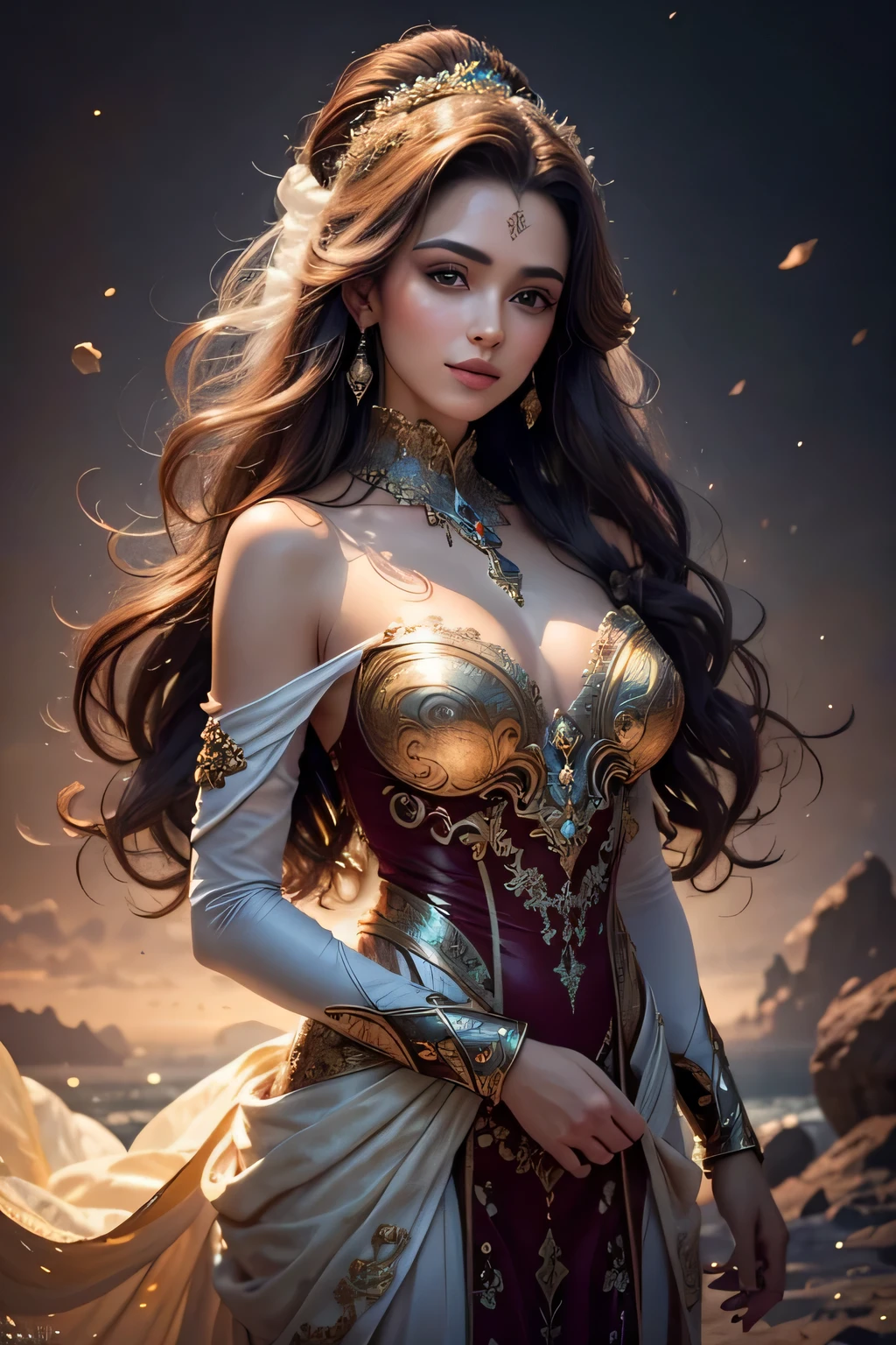 (best quality,4k,8k,Alto,master part:1.2),ultra-detalhado,Realistic,Beautiful woman,olhos marcantes,pouty lips,long flowing hair,flawless skin,sorriso encantador,Charismatic presence,beleza radiante,modelo de moda,olhar hipnotizante,Funny posture,ethereal aura,Terno elegante,artistic background environment,cores vibrantes,Soft lighting and Warm