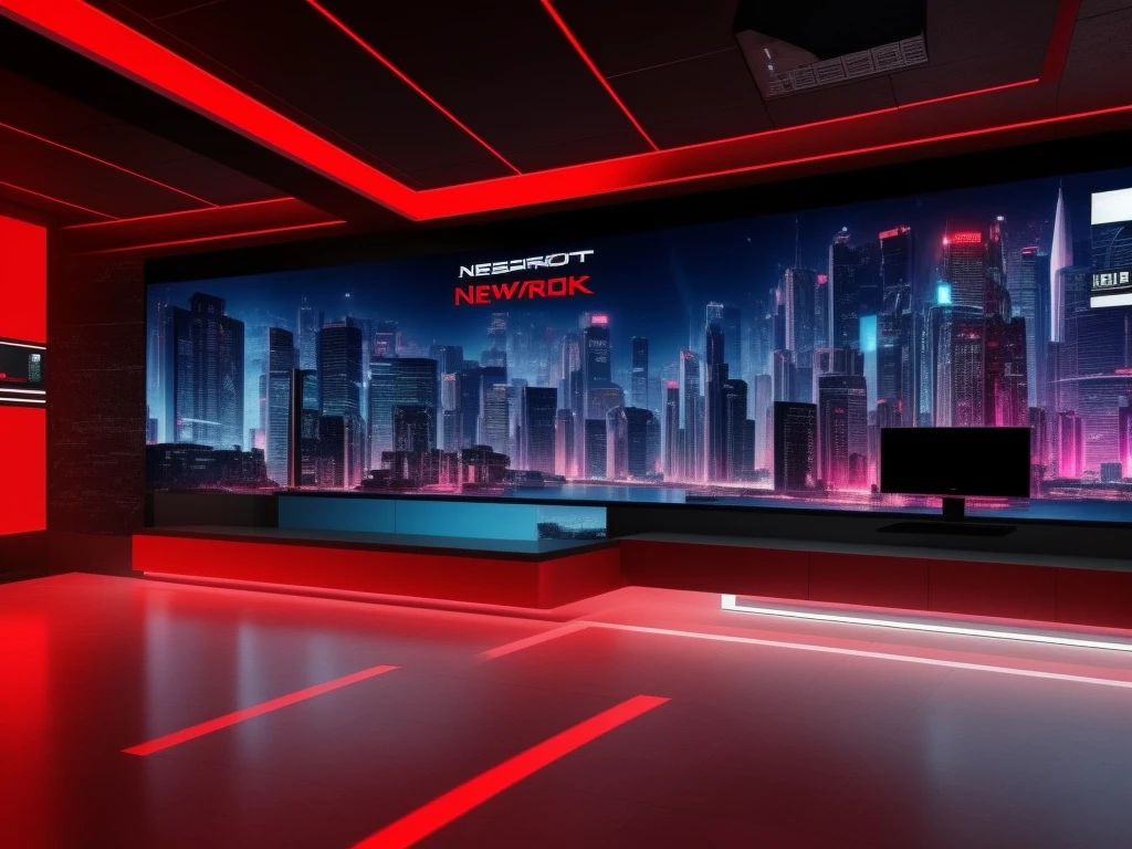 near future news room,Background with,cyberpunk,Darkness with red and white lighting,frontage,Best Quality,High-volume tv monitors,Detailed
