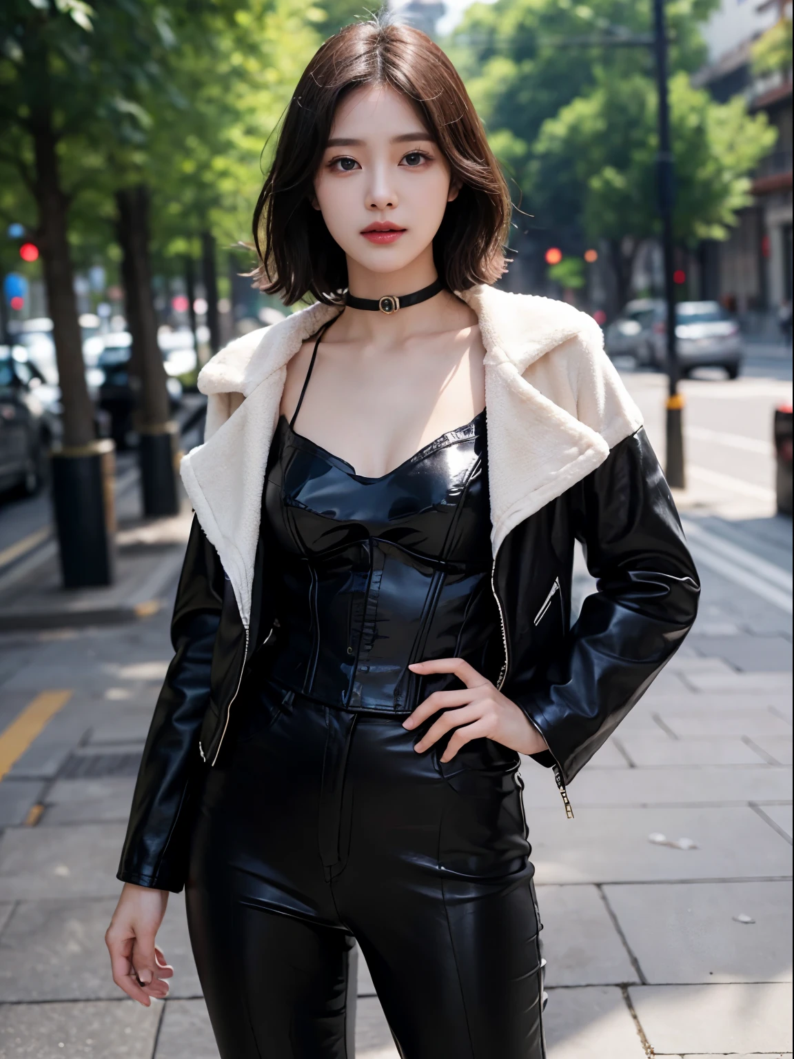 1人の女性、Korea person、Korea person美女、leather jackets、corsets、a choker、rubber mask、Crotch chuck、intricate detailes、hightquality、(High class:1.4)、super realistic 8K、face perfect、Perfect、clean、masterpiece、Professional artwork、famousartwork、face perfect、Beautiful expression、beautidful eyes、short dark hair、wetting hair、very Bigger breasts、clothes shiny、model poses、Ultra-realistic 4K、Top image quality、Natural background、model posesと露出 、No pants、Natural background