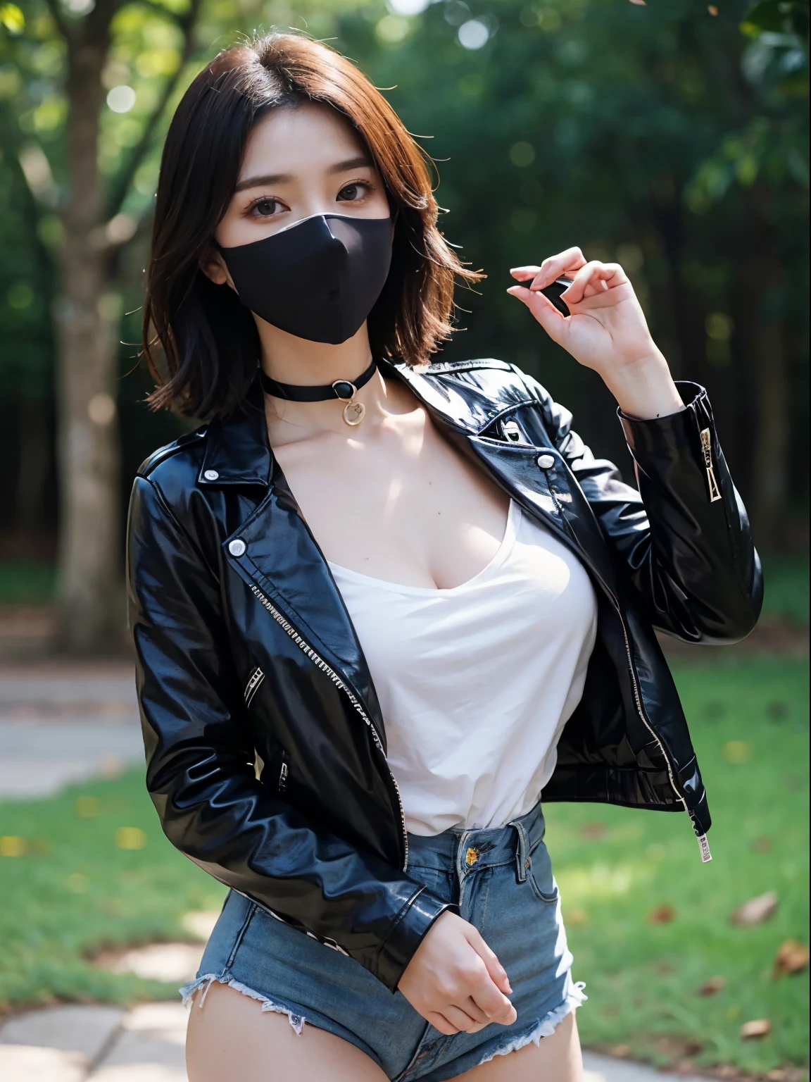 1人の女性、Korea person、Korea person美女、leather jackets、corsets、a choker、rubber mask、Crotch chuck、intricate detailes、hightquality、(High class:1.4)、super realistic 8K、face perfect、Perfect、clean、masterpiece、Professional artwork、famousartwork、face perfect、Beautiful expression、beautidful eyes、short dark hair、wetting hair、very Bigger breasts、clothes shiny、model poses、Ultra-realistic 4K、Top image quality、Natural background、model posesと露出 、No pants、Natural background