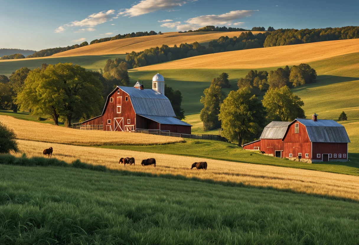(best quality,4k,8k,highres,masterpiece:1.2),ultra-detailed,(realistic,photorealistic,photo-realistic:1.37),HDR,UHD,studio lighting,ultra-fine painting,sharp focus,physically-based rendering,extreme detail description,professional,vivid colors,bokeh,professional farm photography,award-winning image,wide-angle view,farm landscape,rolling green hills,crisp blue sky,sunlit barn,beautifully framed shot,lush golden wheat fields,bountiful harvest,heritage farmhouse,old wooden fence,expansive farm land,farmer tending to crops,curious farm animals,authentic countryside experience,rich and vibrant colors,subtle warm tones,sun-drenched scene,lens flare,elegant composition,texture-rich farmland,impeccable attention to detail,impressive depth of field,awe-inspiring capture,embodying the beauty of rural life.