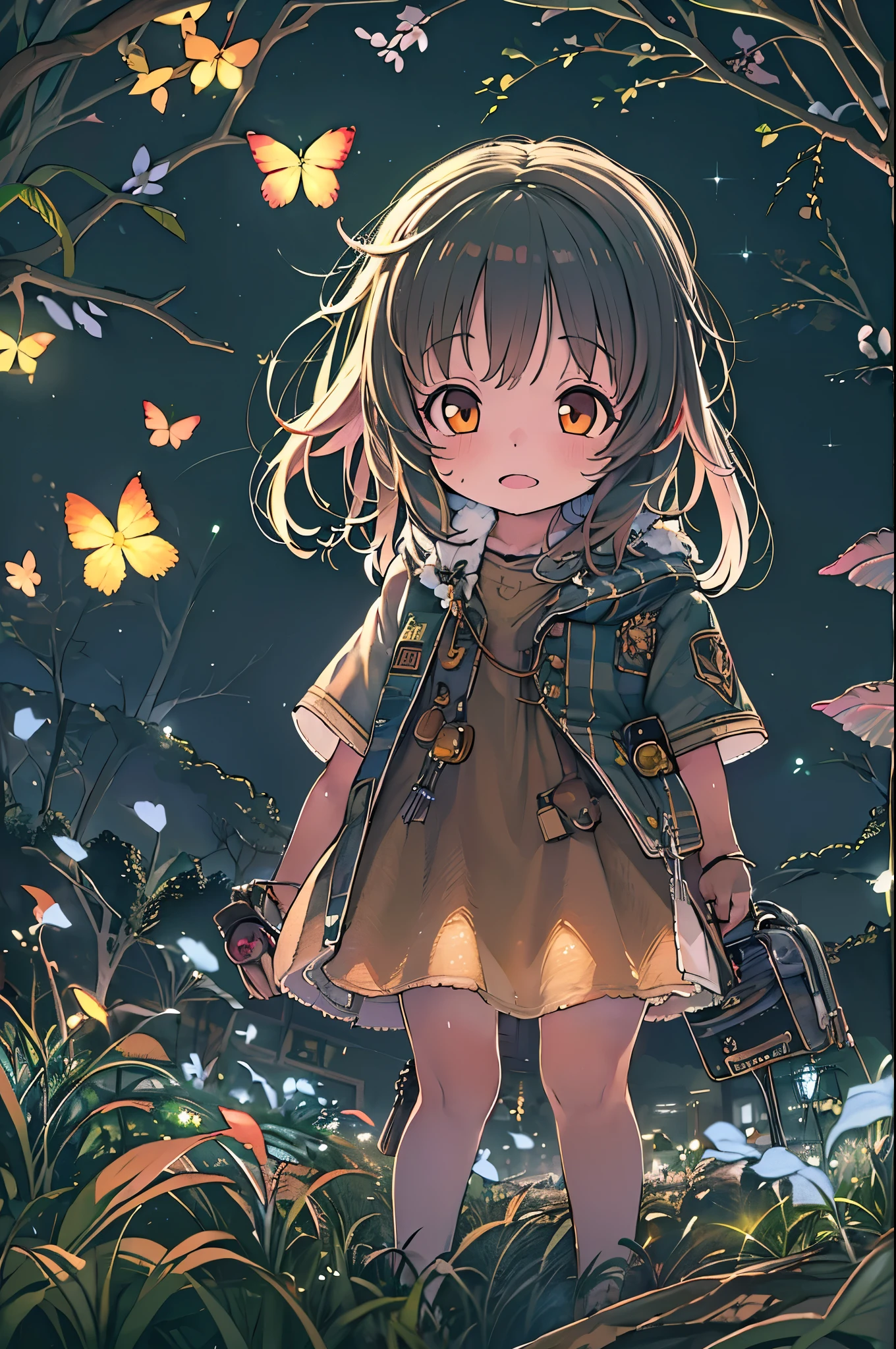 (8K, of the highest quality, masutepiece: 1.2), (Realistic, photoRealistic: 1.37), Super Detail, One girl, Wide-angle angle of view, Firefly Garden, There are many small faint lights and fireflies flying around, Night,Chibi