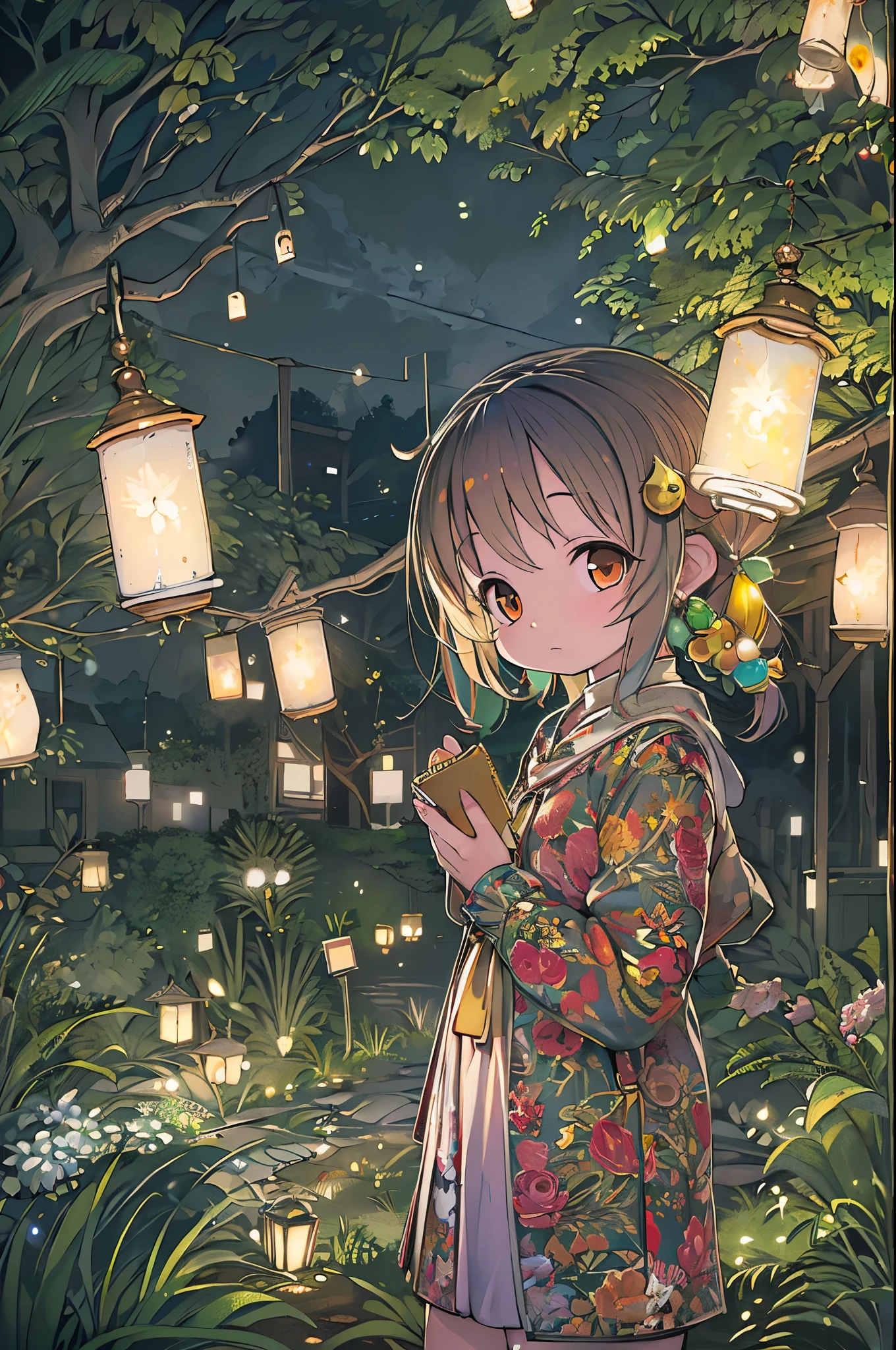 (8K, of the highest quality, masutepiece: 1.2), (Realistic, photoRealistic: 1.37), Super Detail, One girl, Wide-angle angle of view, Firefly Garden, There are many small faint lights and fireflies flying around, Night,Chibi