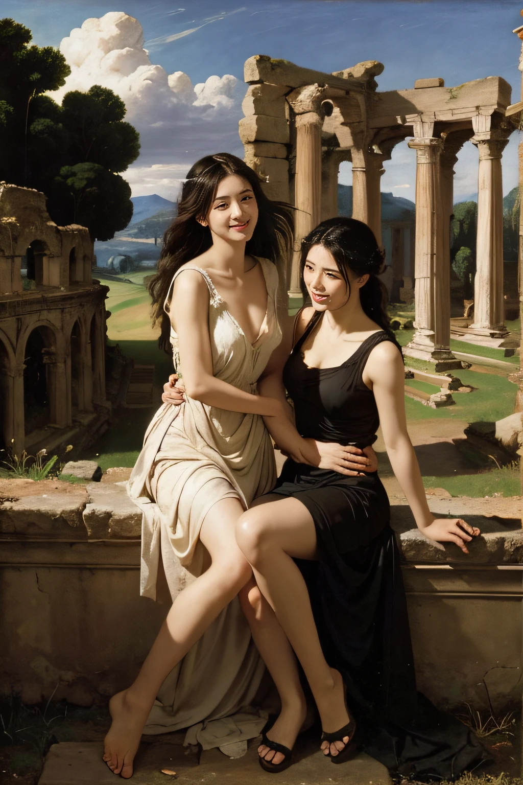 Ancient Roman ruins,Poussin-style landscape,A smile,,Sweet and seductive appearance.、Caravaggio's paintings、Chiaroscuro of Caravaggio、Hair disheveled in the wind,Two women frolicking,Cute smile, Expression of ecstasy,A sexy,Erotic