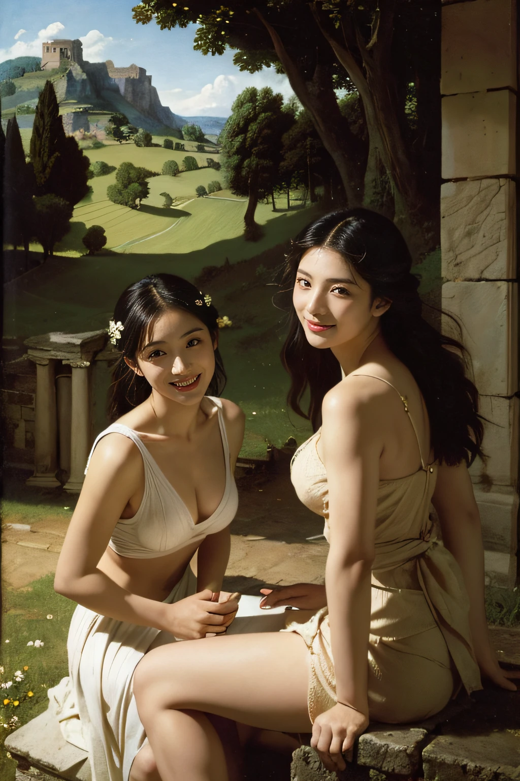 Ancient Roman ruins,Poussin-style landscape,A smile,,Sweet and seductive appearance.、Caravaggio's paintings、Chiaroscuro of Caravaggio、Hair disheveled in the wind,Two women frolicking,Cute smile, Expression of ecstasy,A sexy,Erotic