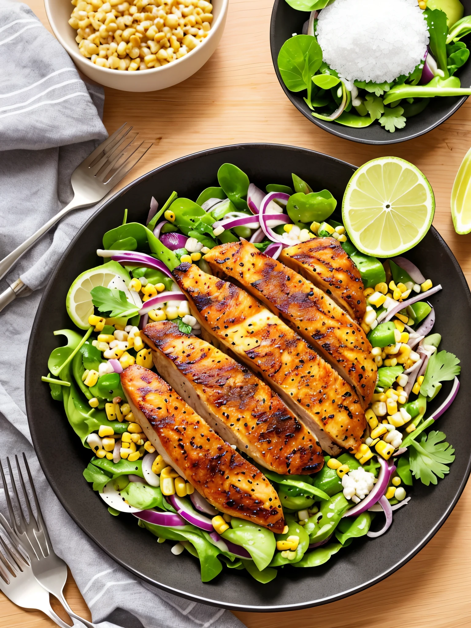 /Imagine "ultrarealistic image of a chicken and avocado salad. Ingredients: one cooked and shredded chicken breast, one ripe avocado cut into cubes, half a cup of cooked corn, a quarter cup of chopped red onion, juice of one lemon, salt and pepper to taste, and fresh cilantro leaves. The salad should look irresistible, with the ingredients fresh and vividly colored, elegantly arranged in a bowl or on a plate. The chicken should appear tender and juicy, the avocado ripe and creamy, and the corn adding a pop of color. The red onion and cilantro leaves add an extra layer of flavor and texture. The whole dish is sprinkled with lemon juice, salt, and pepper, it look deliciously appetizing." --auto --s2