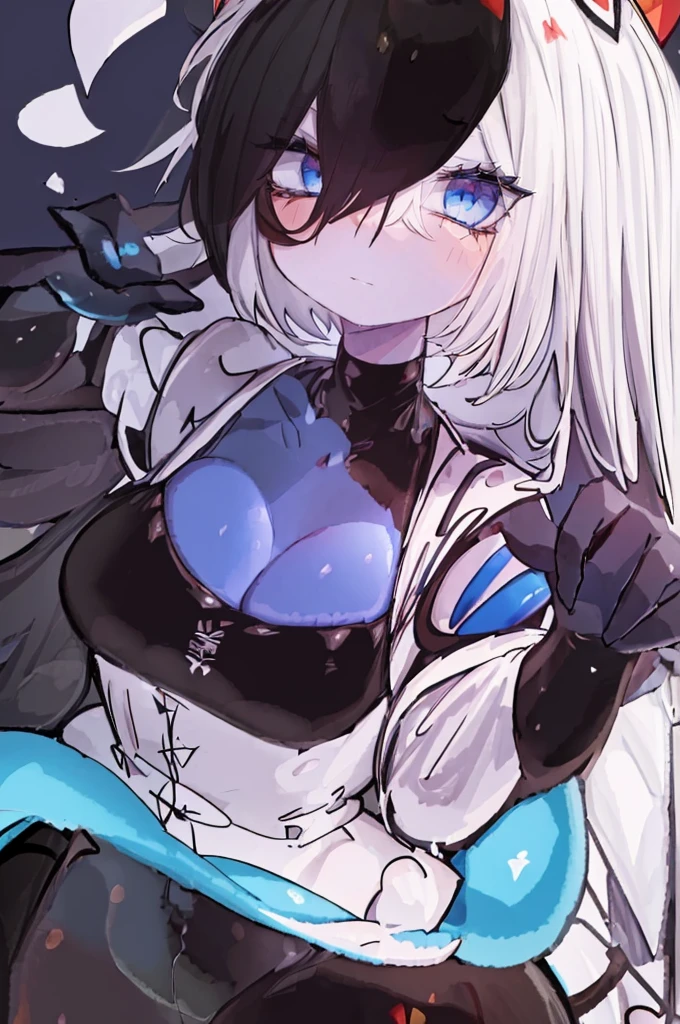 Best Quality, (Wide Shot), CGSsociety, 8K, Ultra-realistic, masutepiece, Child Dark Elves, White hair, Blue eyes, White clothes, Black scarf, Looking Up, Upper body, hair bunches, Dark skin, Straight and loose hair, (masutepiece, Highest Quality, Top resolution, Distinct_image, Detailed details),((marvelous illustration)),(Detail splash)