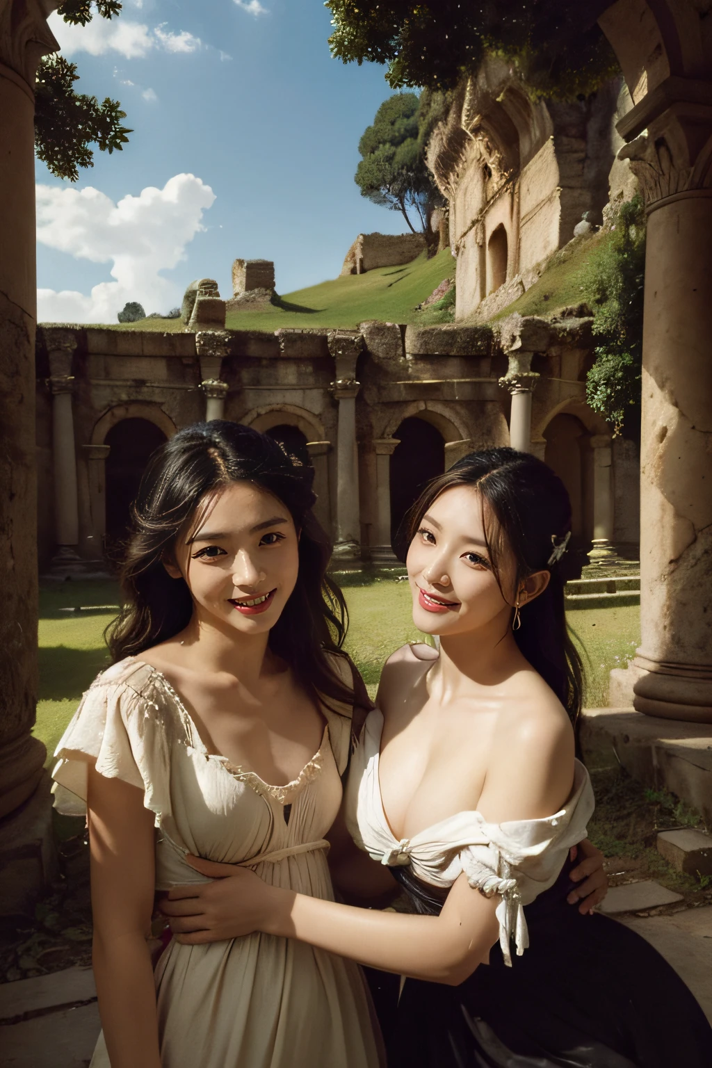 Ancient Roman ruins,Poussin-style landscape,A smile,,Sweet and seductive appearance.、Caravaggio's paintings、Chiaroscuro of Caravaggio、Hair disheveled in the wind,Two women frolicking,Cute smile, Expression of ecstasy,A sexy,Erotic