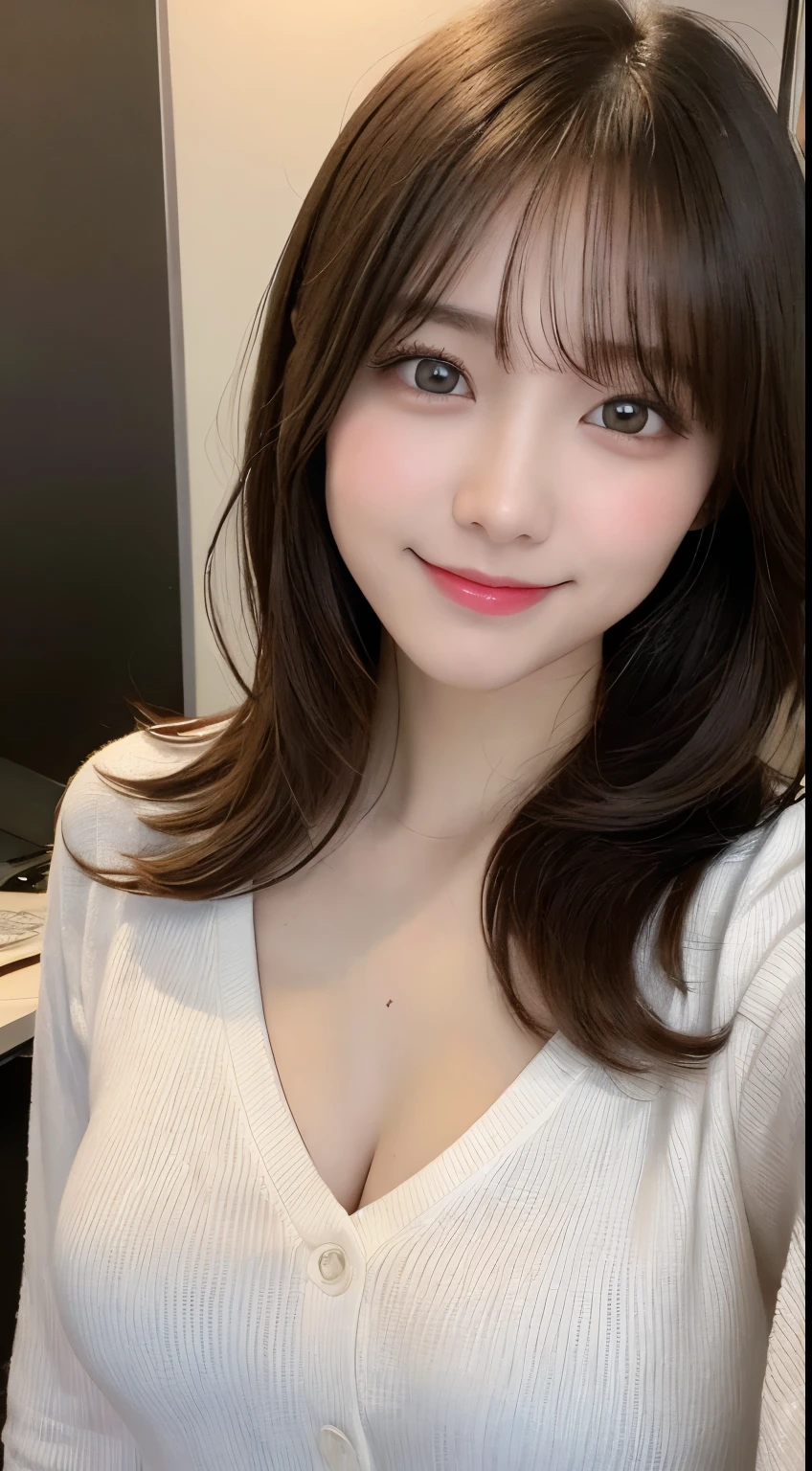 masutepiece, Best Quality, Illustration, Ultra-detailed, finely detail, hight resolution, 8K Wallpaper, Perfect dynamic composition, Beautiful detailed eyes, Casual Office Clothes,Medium Hair,small tits,Natural Color Lip, Bold sexy poses,Smile、20 years girl、Cute、is looking at the camera