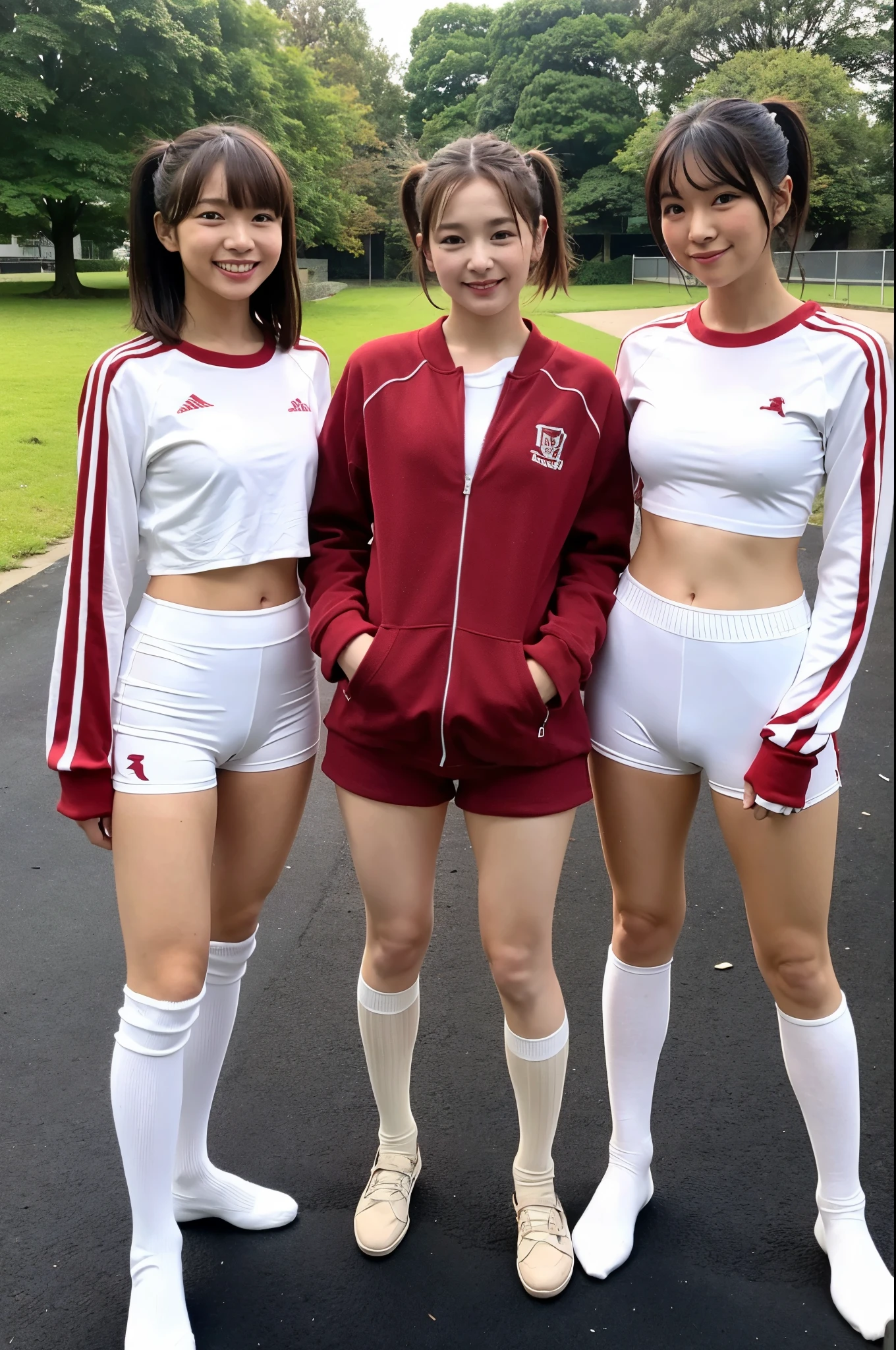 girls standing in school ground,long-sleeved dark red tracksuit top,speedo-style white briefs,white high socks,18-year-old,bangs,a little smile,thighs,knees,crotch,short cut hair,low ponytails,from below