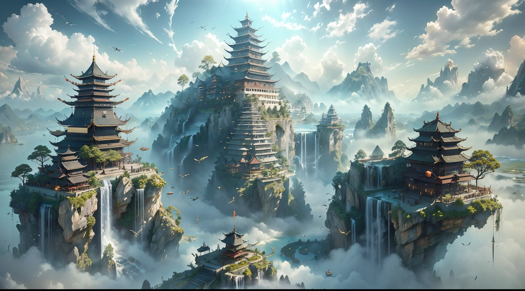 ((tmasterpiece)), (((更the good质量))), ((ultra - detailed)), (Amazing Cleavage: 1.1), ((Combined with CG 8K extreme details )), (8K, RAW photos, 更the good质量, tmasterpiece: 1.2), (Realist, PhotoRealistic photos: 1.4), (Rendering: 1.4), NVIDIA RTX Ray Tracing, Flying Island, Ancient Chinese cities flying in the sky, ((Ancient Chinese city with big tower on flying island)), chinese fantasy, Cultivate the world, Several islands and ancient Chinese villages flying in the air, pagoda, (Rios, lakes and waterfalls, Entering Island Falllue and red Chinese dragons fly around the Big Flying Island, A thin layer of mist covers the island, The island's peaks are covered with snow, the good, natural, sky and ground, Big wind, swept by the wind, Linear clouds, Cloud light shooting, Sky Sky Sky, Realistic clouds high in the sky, Chinese mythology, world practice scene, Wulin scenery, Martial arts plot, Wulin world training scene, Peak scene of martial arts, The world of ancient kung fu, martial arts school, Dense forest below the island,Home to wildlife and jungle animals, an award winning photograph, BLN-L24, Tokar, hight contrast, low-saturation, High saturation 8k 3D, Slow F 2.8, bird's eyes view, 电影灯光,Two peaks,