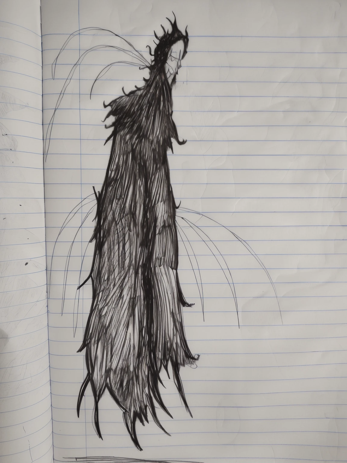 desenho de uma mulher com um cabelo longo e uma cauda longa, caneta sobre papel, desenhado em papel, capa brilhando ao vento, on a notebook page, em um manto com cabelos longos, pen sketch, ink and pencil, figura escura encapuzada, lembrou-me do Ceifador Sombrio, Ink pen sketch, rabiscos estranhos, wearing a flowing robe