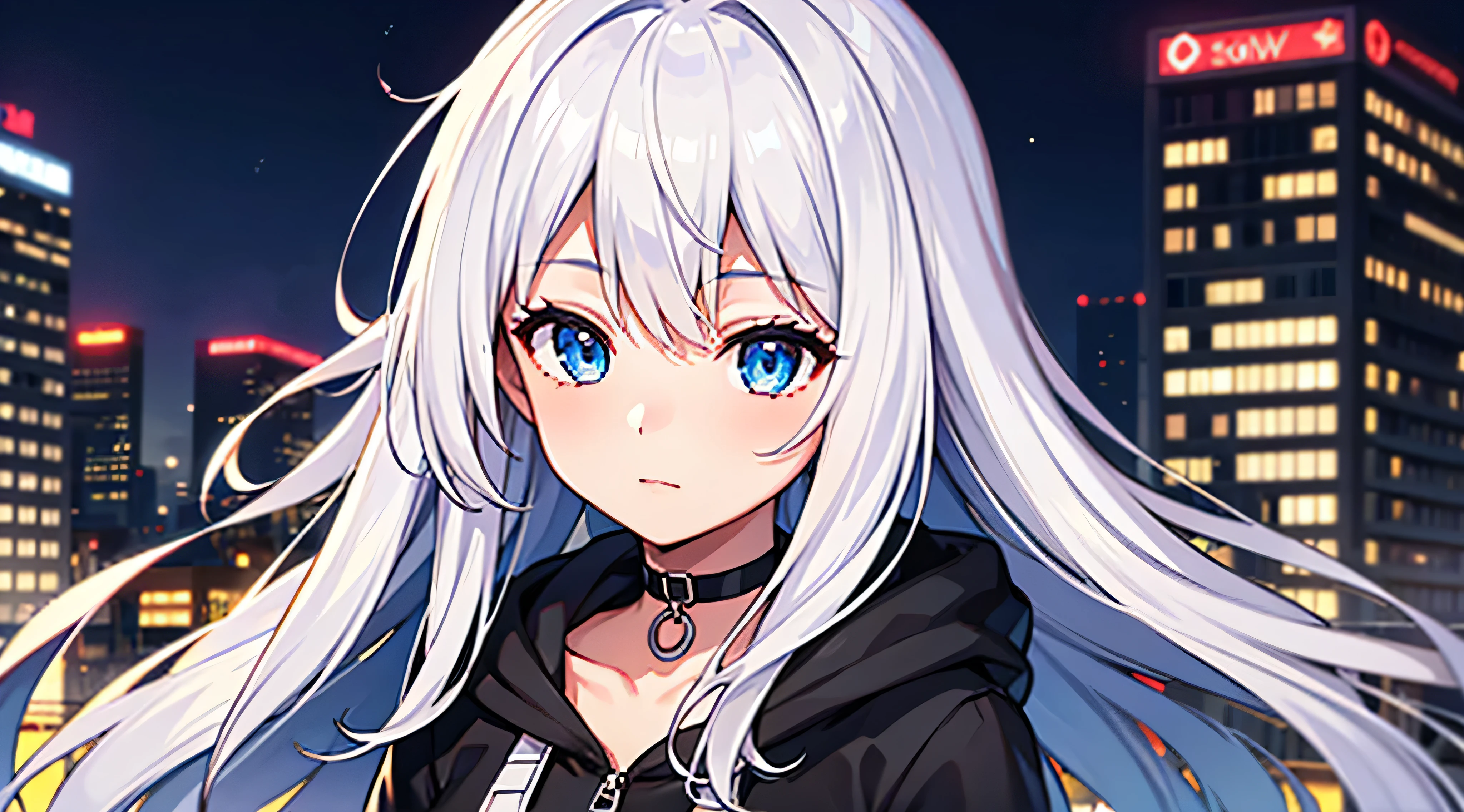 1girls, Zoom in on the face, blaue Augen, White hair, Lange Haare, Halskette, Hintergrund der Stadt, Nacht, best quality, high resolution, UHD, Detailliert, nur eine Person