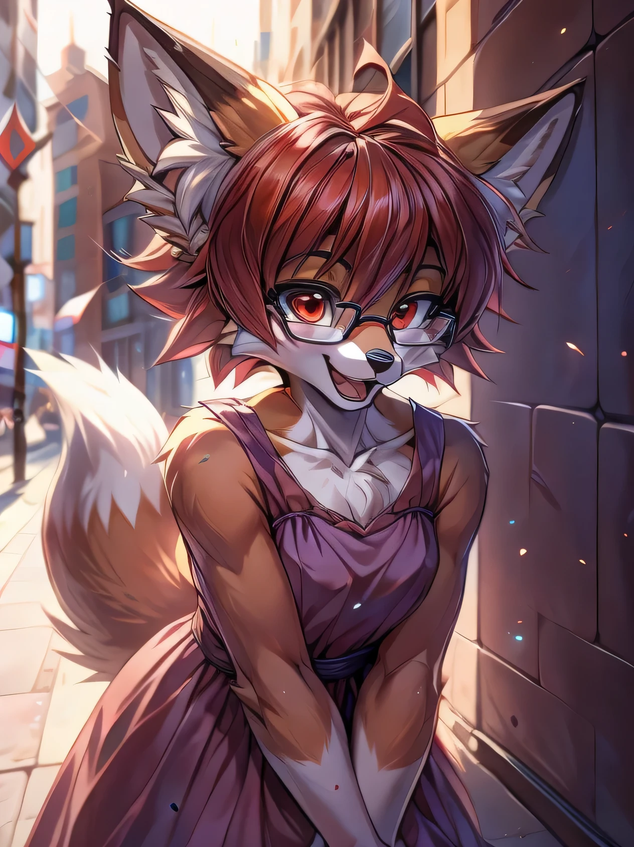 fox furry girl with short red hair, fluffy hair shy, beautiful red eyes, wearing glasses,  very  fluffy tail, small chest, bow in hair, ************, happy , happy mouth, young body, Good girl, wearing a dress, in the streets, being adorable, blushing, hands on her dress, leaning in for a kiss, tilted head, wanting to be loved,