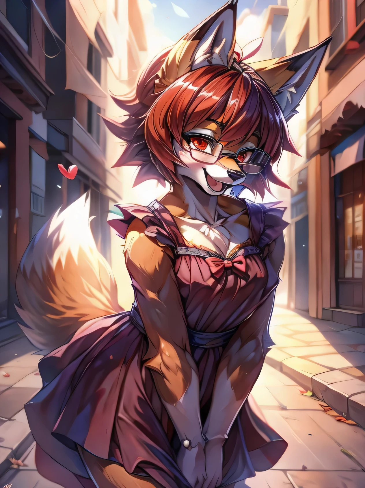 fox furry girl with short red hair, fluffy hair shy, beautiful red eyes, wearing glasses,  very  fluffy tail, small chest, bow in hair, , happy , happy mouth, young body, Good girl, wearing a dress, in the streets, being adorable, blushing, hands on her dress, leaning in for a kiss, tilted head, wanting to be loved,