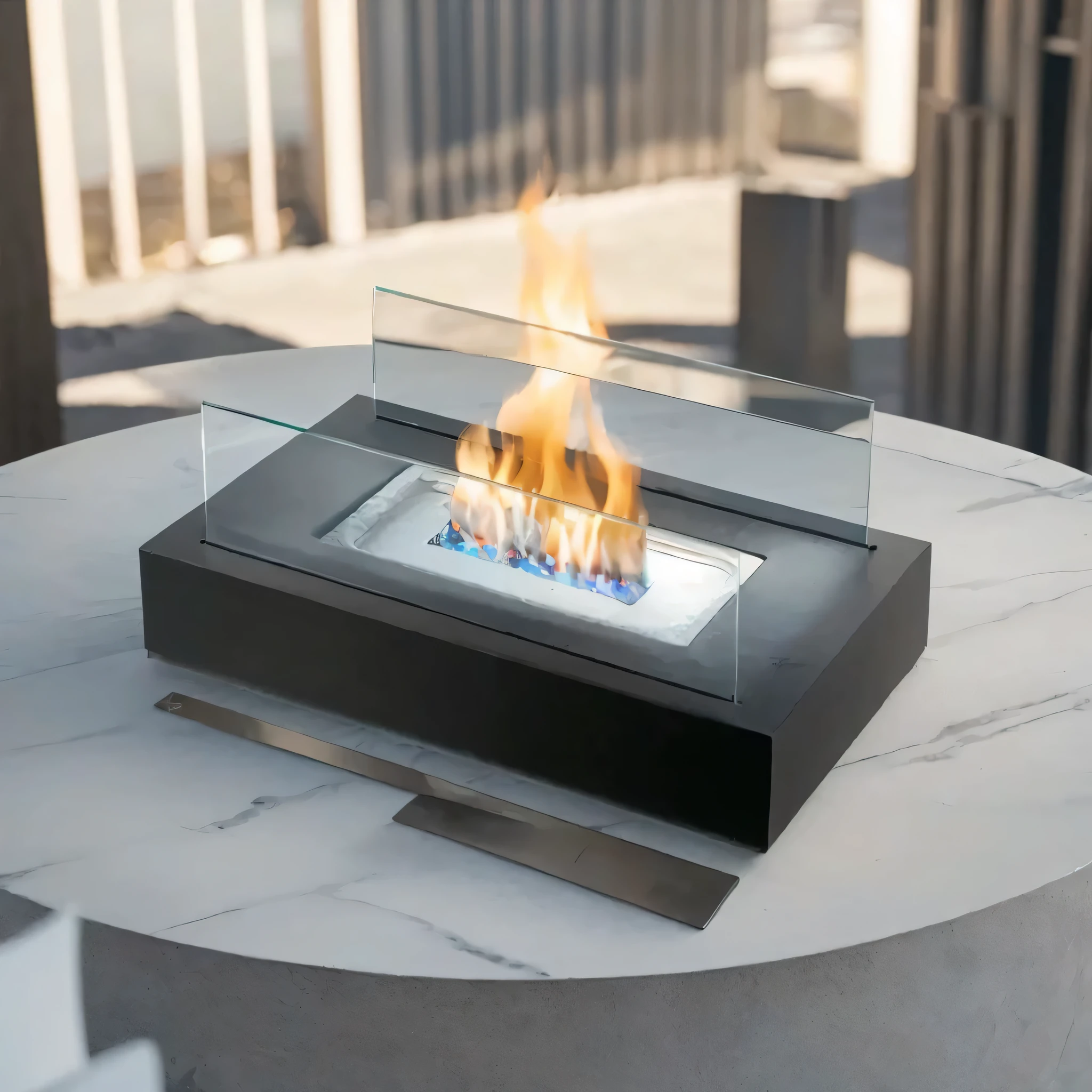 a close up of a fire pit on a table with a glass cover, small fire, fire place roaring, fire pit, warm features, fire lit, small flames, warm atmosphere, fire, glass flame, irori fireplace, very intense, center focus on table, vibrant atmosphere, high angle close up shot, illuminating the area, fiery atmosphere, landscape vista