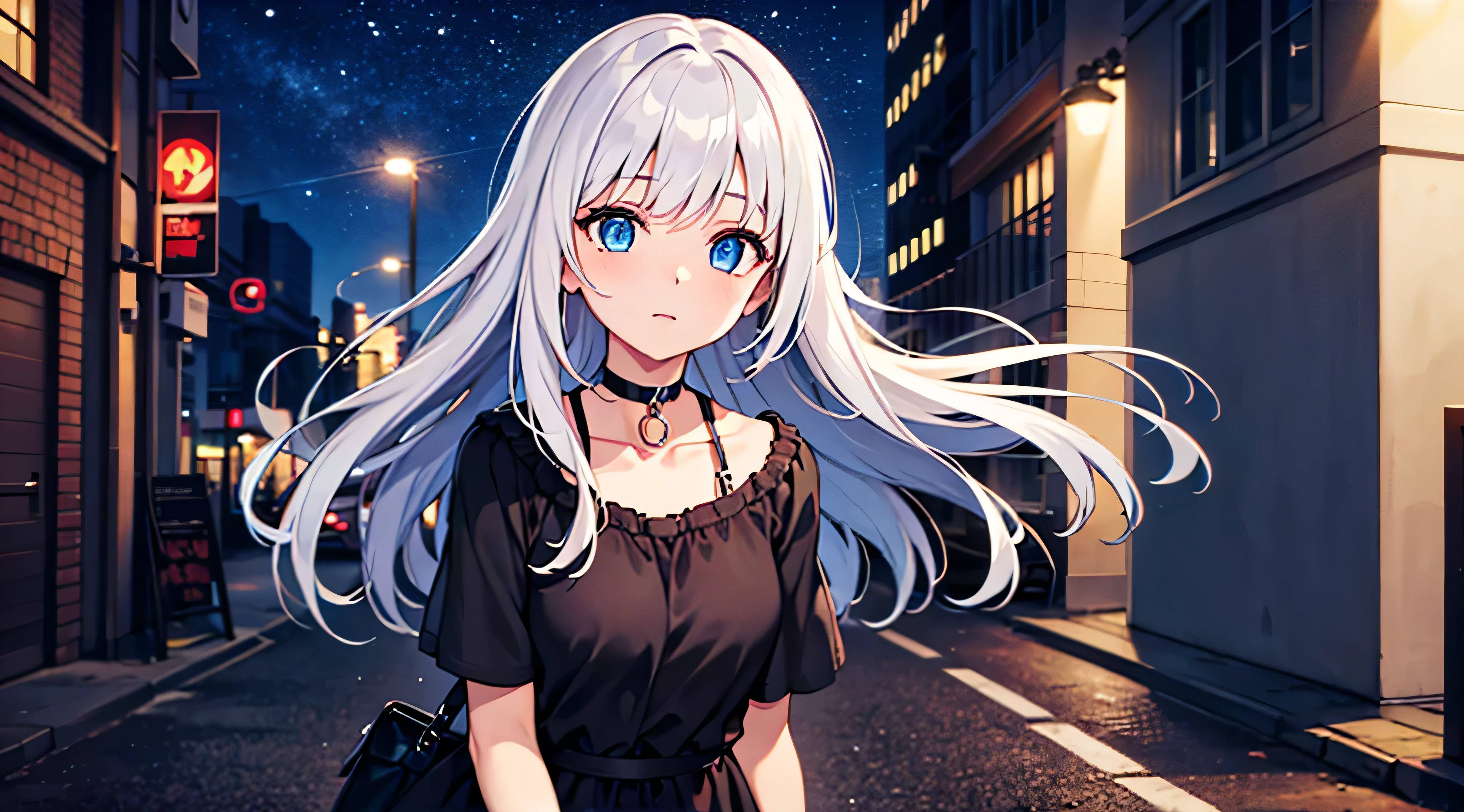 1girls, Zoom in on the face, blaue Augen, White hair, Lange Haare, Halskette, Hintergrund der Stadt, Nacht, best quality, high resolution, UHD, Detailliert, nur eine Person