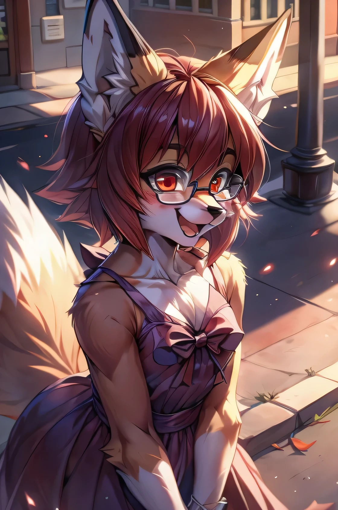fox furry girl with short red hair, fluffy hair shy, beautiful red eyes, wearing glasses, very fluffy tail, small chest, bow in hair, 17 years old, happy , happy mouth, young body, Good girl, wearing a dress, in the streets, being adorable, blushing, hands on her dress, leaning in for a kiss, tilted head, wanting to be loved,