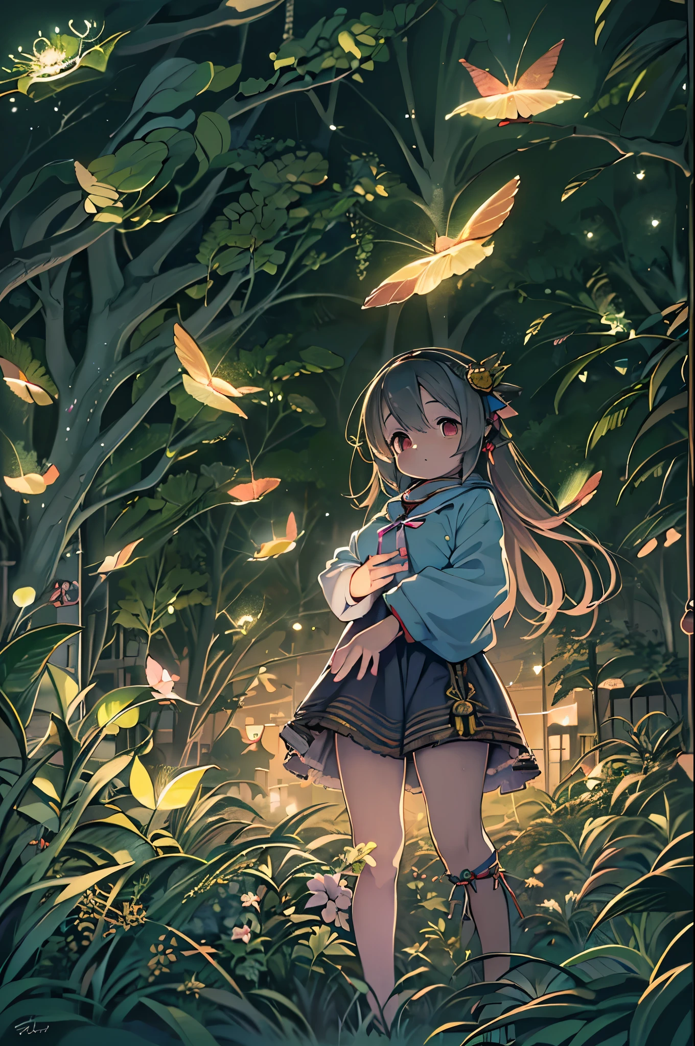 (8K, of the highest quality, masutepiece: 1.2), (Realistic, photoRealistic: 1.37), Super Detail, One girl, Wide-angle angle of view, Firefly Garden, There are many small faint lights and fireflies flying around, Night,Chibi