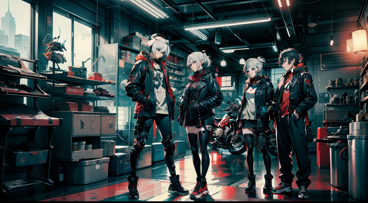 cyberpunked、girl with、mechanic、comical、Anime style、white  hair、motor bikes、Rider Jacket、punk coloring、sity、ナイトsity、group