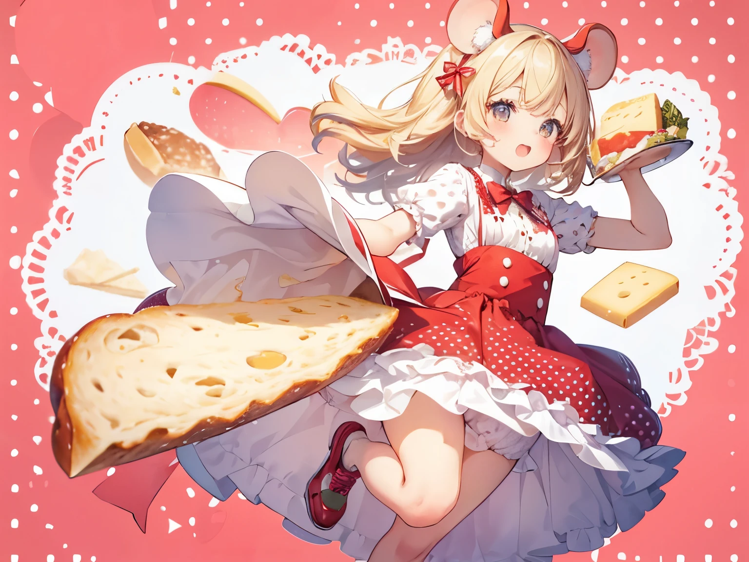 1girl,double bread in the shape of a mouse,Kawaii face,red and white polka dot dress,flered skirt,Fluffy Petticoat、girl jumping on big cheese,Eating cheese makes you feel better,Lively pose wallpaper