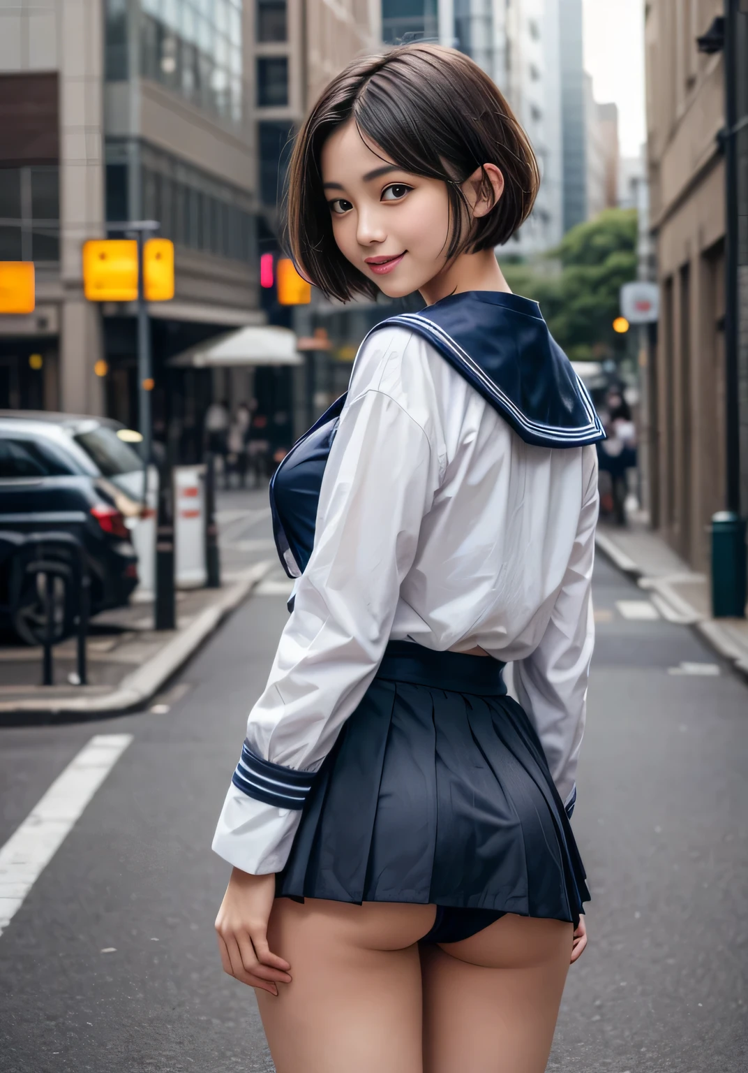 ((top-quality)), 1beautiful woman, accurate anatomy, perfectly proportions, Colossal tits:1.4,(NSFW), 1womanl, Solo, years, (cute face), (Ideal ratio body proportions), ((a sailor suit)), ((Costumes must be worn)), Skirt lifted by the wind, You can see the whole panties, panties focus, Long escalator, (Super close-up of buttocks), ((Point your butt at the camera)), stick out buttocks, Emphasize ass, Smiling smile, short-hair, Dark hair, Colossal tits, A slender, Big buttocks, Skinny Legs, zettai ryouiki, thighs thighs thighs thighs, knee high, Pleated miniskirt, surrealism, Cinematic lighting, depth of fields, One-person viewpoint, F/1.8, 135 mm, masutepiece, ccurate, Anatomically correct, Textured skin, Super Detail, high details, High quality, awardwinning, Best Quality, hight resolution, 8K,13s, Junior (short-hair:1.5), Delicate body