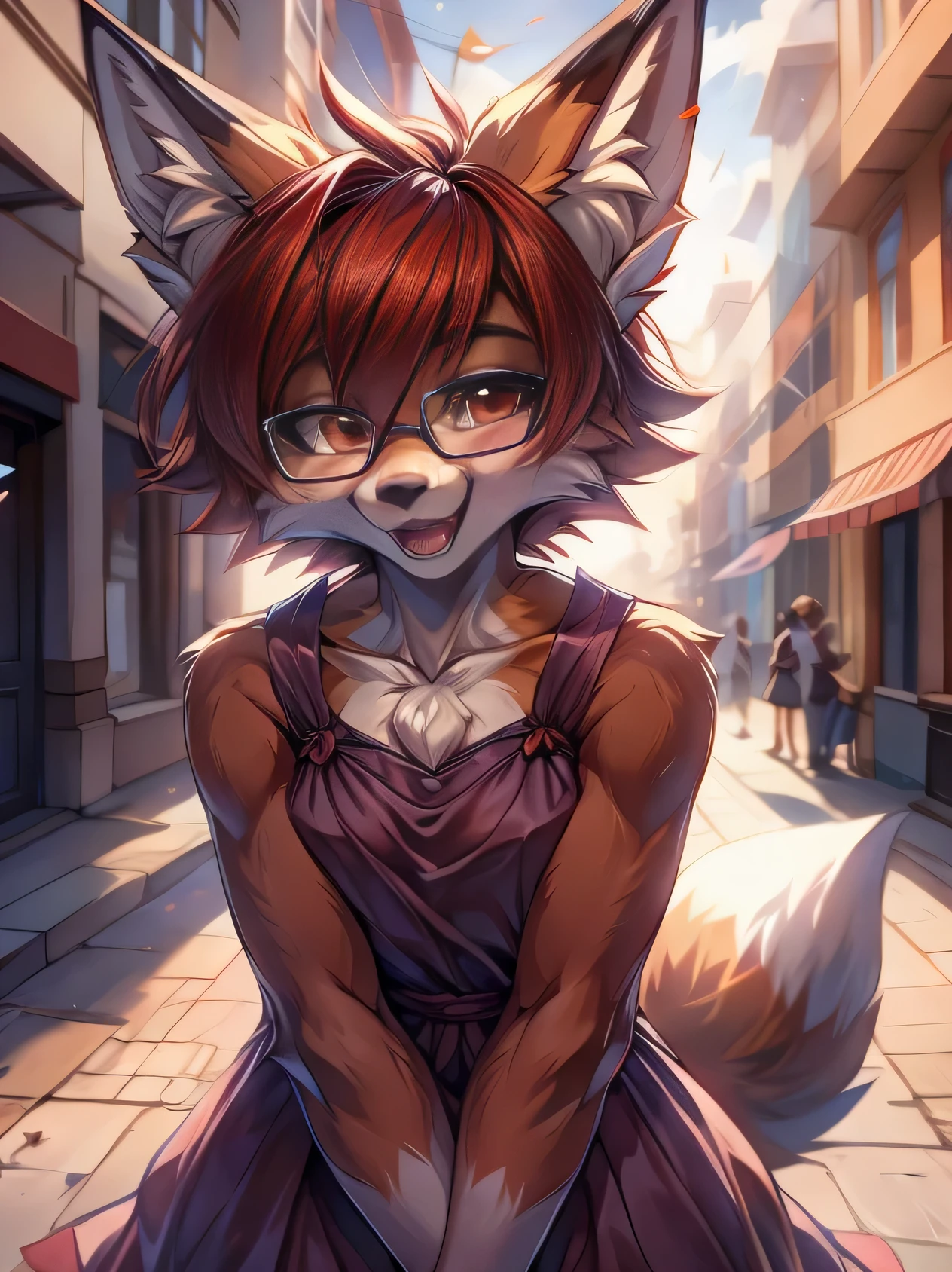 fox furry girl with short red hair, fluffy hair shy, beautiful red eyes, wearing glasses, very fluffy tail, small chest, bow in hair, , happy , happy mouth, young body, Good girl, wearing a dress, in the streets, being adorable, blushing, hands on her dress, closed eyes, leaning in for a kiss, tilted head, wanting to be loved,
