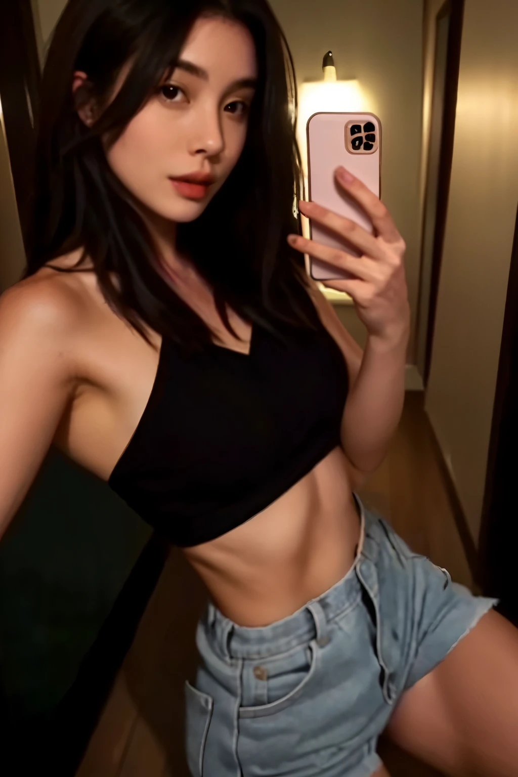 photo realistic woman with dark hair taking a selfie