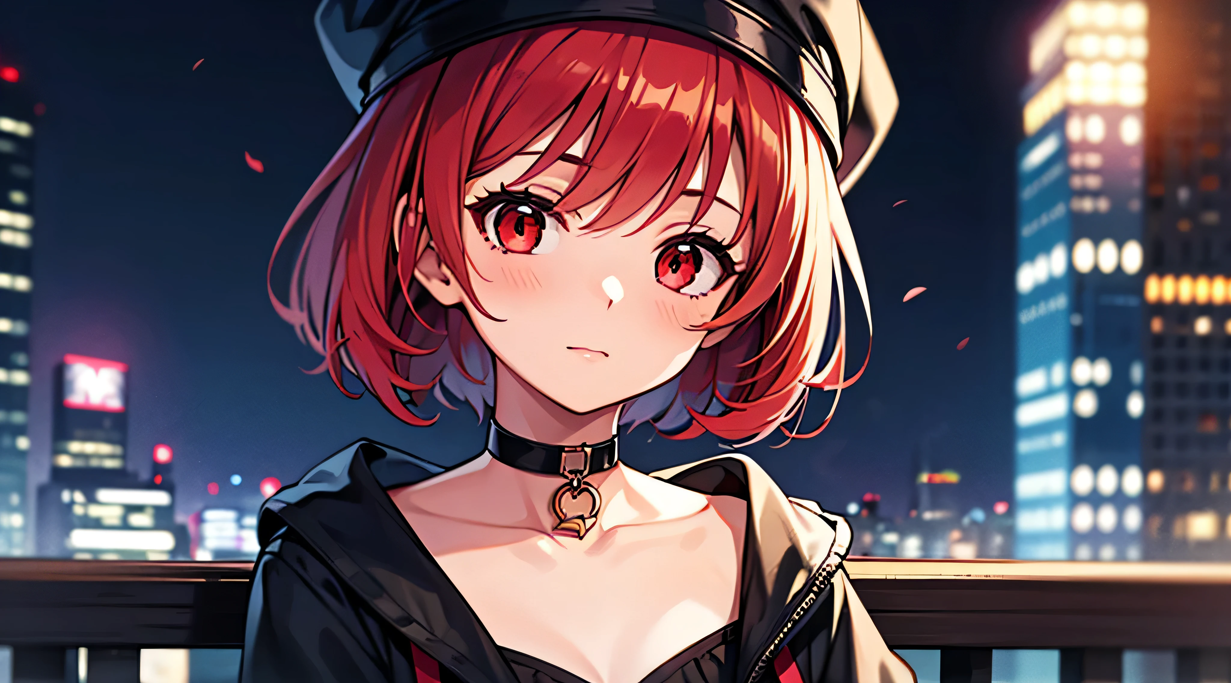 1girls, Zoom in on the face, Rote Augen, rotes Haar, hat, kurzes Haar, Halskette, Hintergrund der Stadt, Nacht, best quality, high resolution, UHD, Detailliert, nur eine Person
