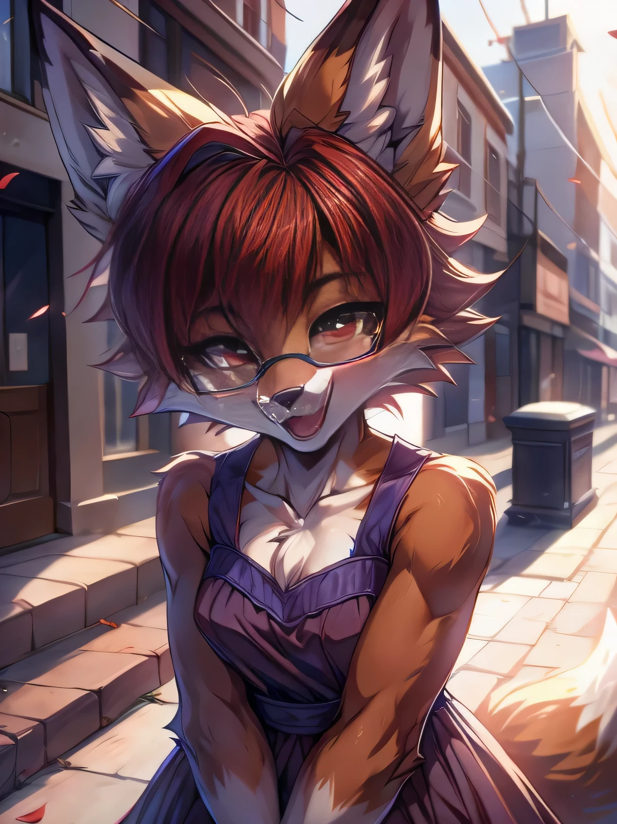 fox furry girl with short red hair, fluffy hair shy, beautiful red eyes, wearing glasses,  very  fluffy tail, small chest, bow in hair, 17 years old, happy , happy mouth, young body, Good girl, wearing a dress, in the streets, being adorable, blushing, hands on her dress, closed eyes, leaning in for a kiss, tilted head, wanting to be loved,