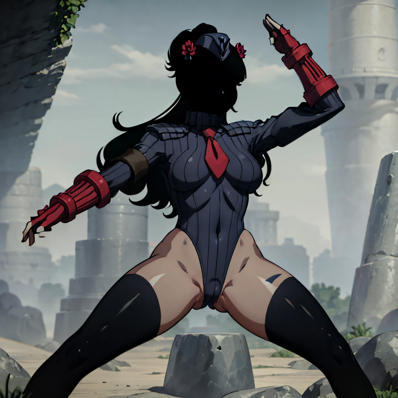 ultra-detailed, Explicit, Beautiful body, Beautiful Nose, Beautiful character design, perfect eyes, perfect face, ultra highres, 4K, beautiful legs, perfect legs, Nice hands, Perfect hand, Masterpiece, Best Quality, Highly detailed, illustration, absurdres, street fighter, doll suit, shadaloo doll, dollsuit, girls, multiple girls, expressionless, blank eyes, looking at viewer, red gloves, emotionless, black latex, corrution, mind control, female combatant, full body, hypnotized, unhappy trance, full body suit, ribbed bodysuit, both arms at side, stand up straight, obey, perfect female body, extremely glossy latex, hypnosis, hypnoLora, empty eyes, Mind control device, poses, submissive_pose, Slave, hat, necktie, stand up straight, standing, standing at attention, hat, necktie, belt, extending the right arm from the shoulder into the air with a straightened hand, nazi saluting, military, military saluting, salute, right hand saluting, left hand at side, latex, ribbed bodysuit, wide hip, thicc, a curvy body, garter belt, No face, kate, shadow house, black face, shadows, silhouette, dark silhouette, long hair, hair flower